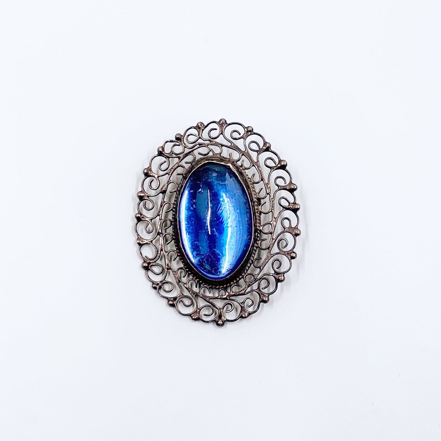 Vintage Silver Filigree Brooch | Mexican Silver Blue Glass Brooch