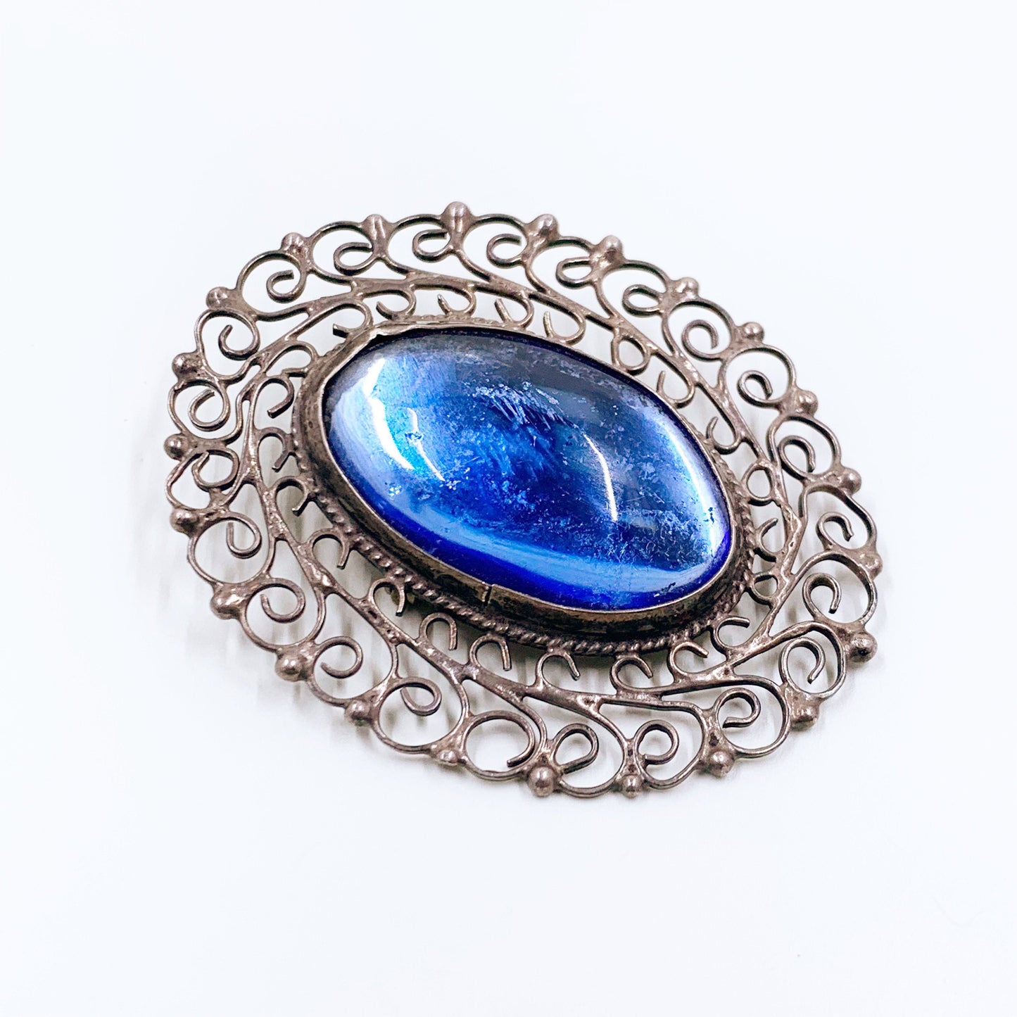 Vintage Silver Filigree Brooch | Mexican Silver Blue Glass Brooch