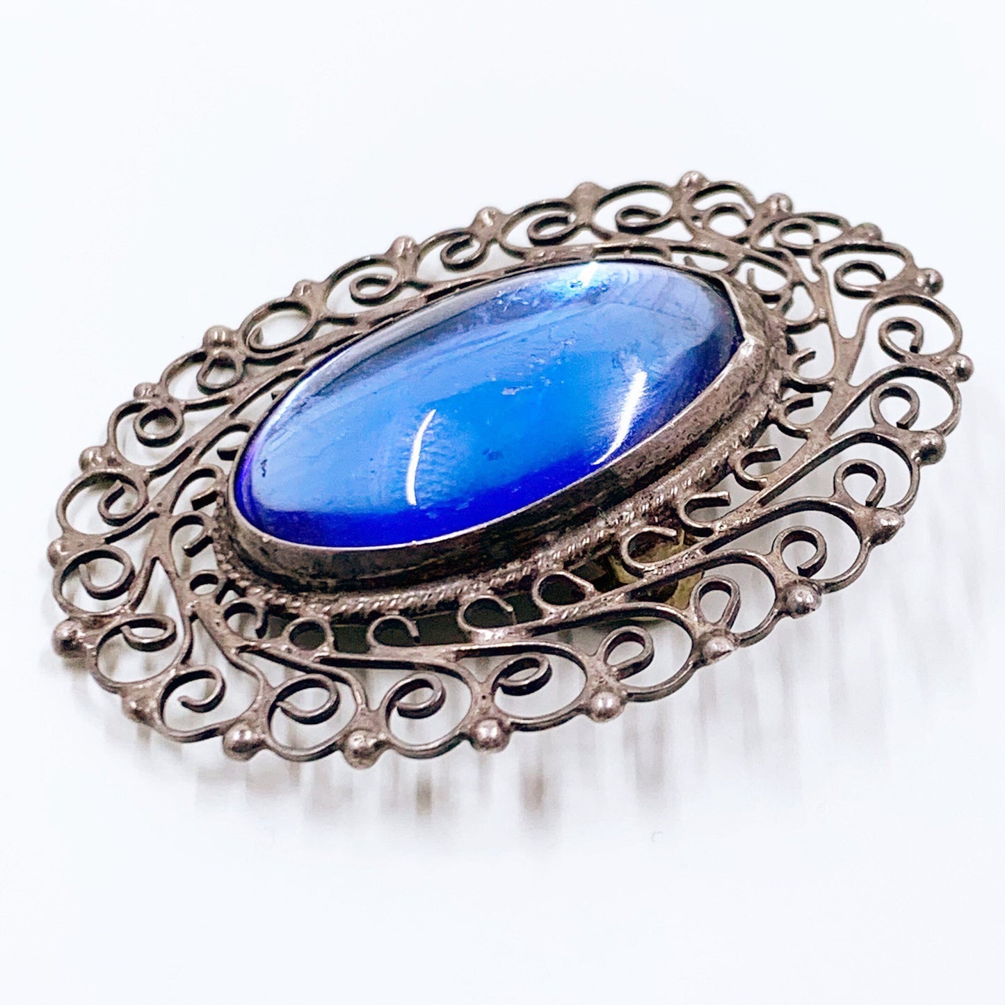 Vintage Silver Filigree Brooch | Mexican Silver Blue Glass Brooch