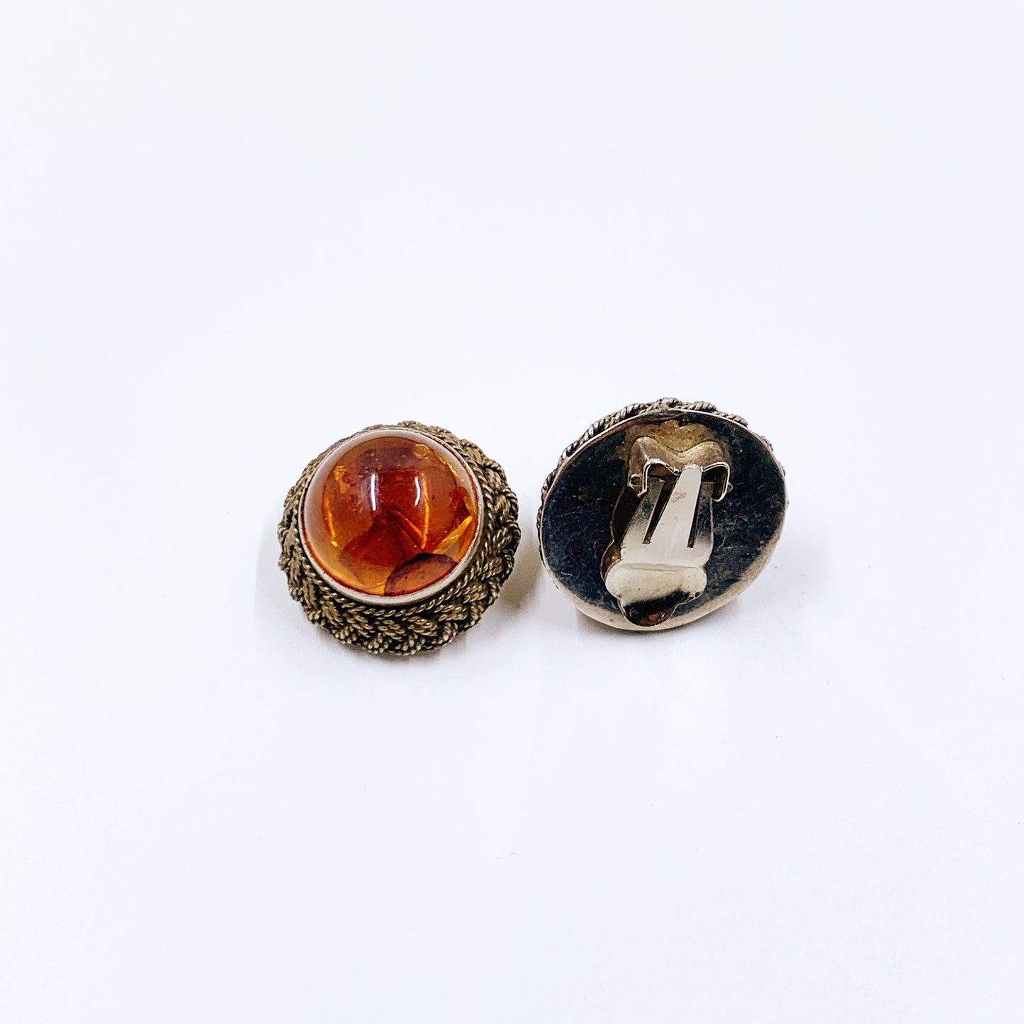 Vintage Silver Amber Clip On Earrings | Vintage Round Amber Roped Earrings