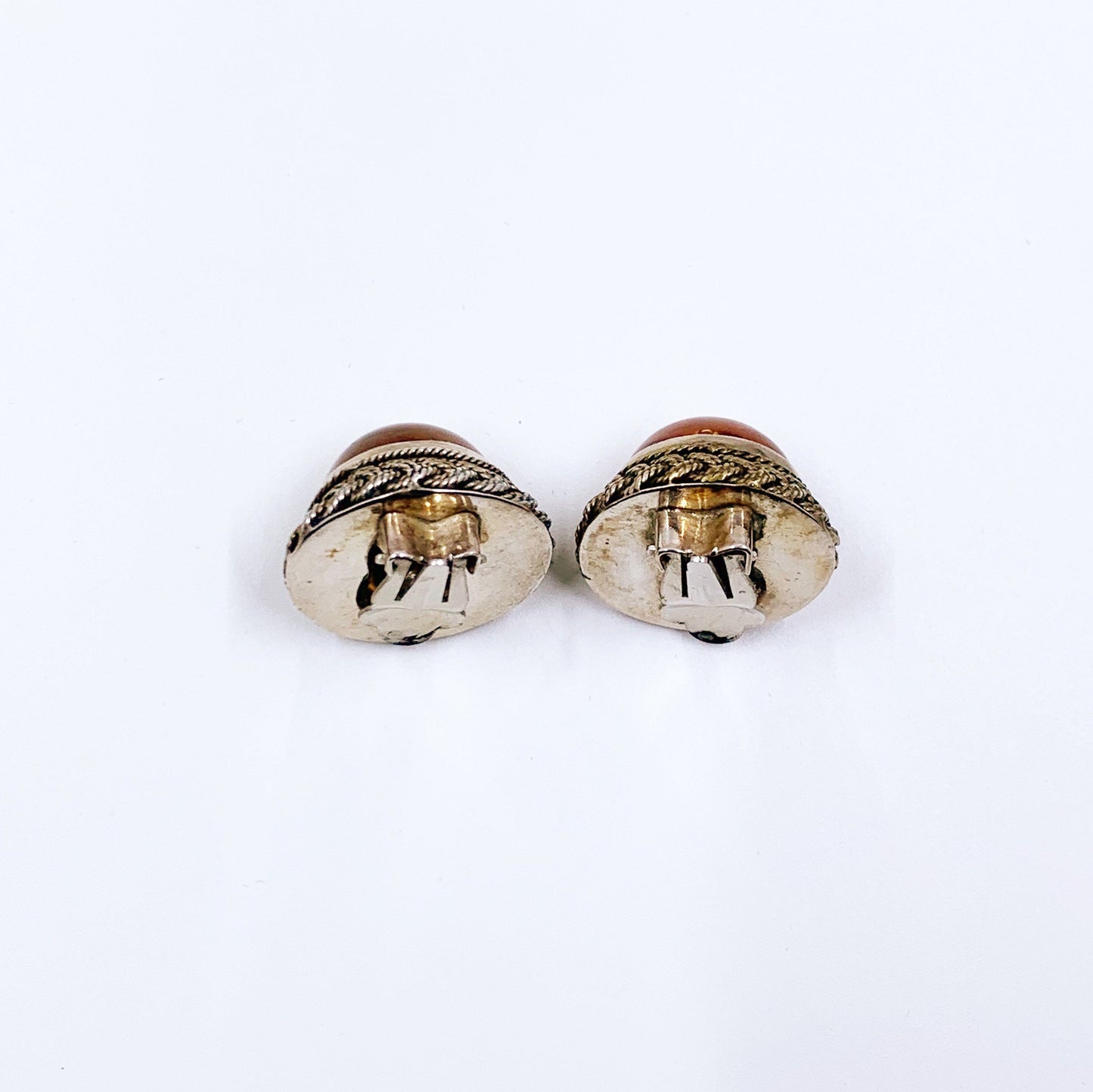 Vintage Silver Amber Clip On Earrings | Vintage Round Amber Roped Earrings