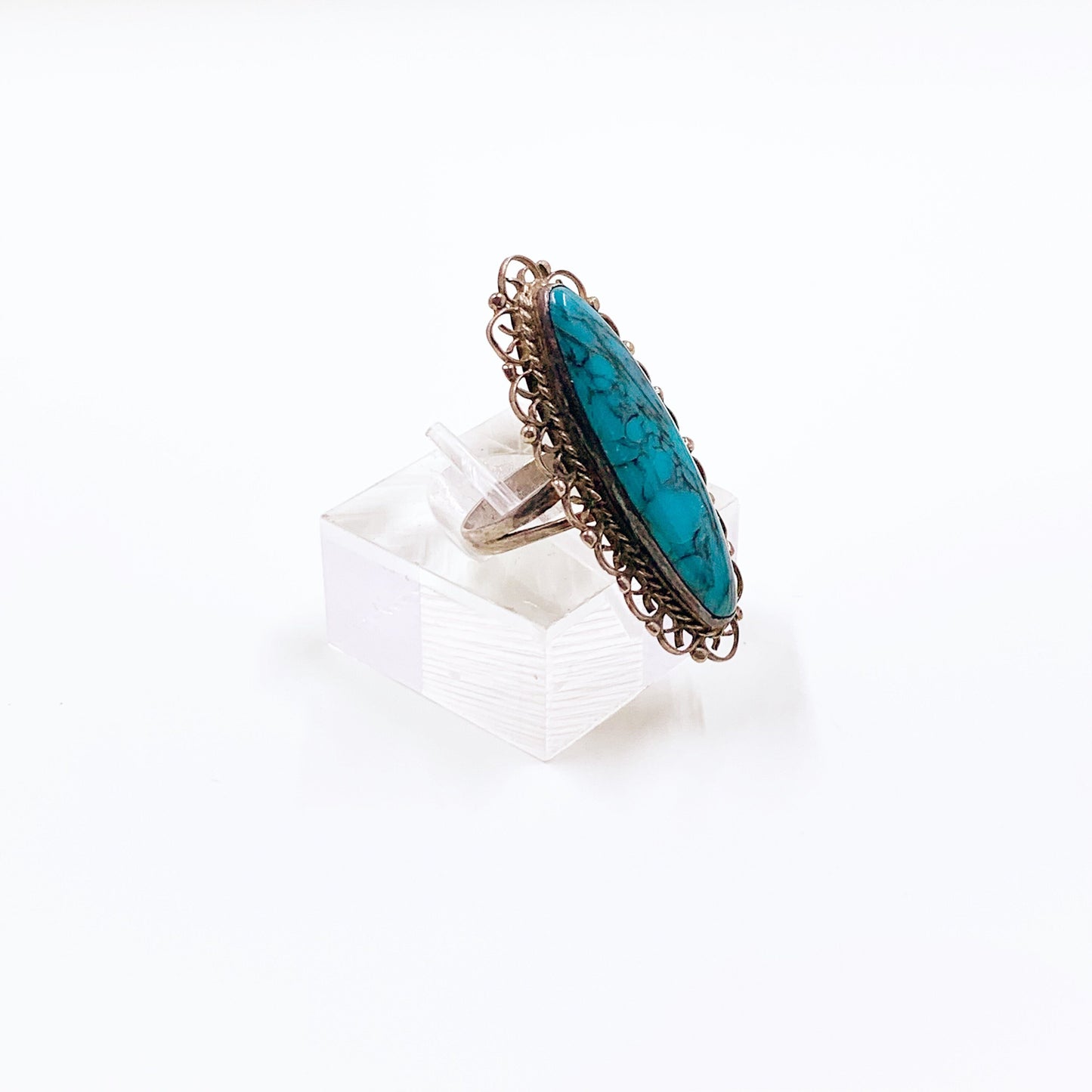 Vintage Silver Faux Turquoise Navette Ring | Size 5 Ring