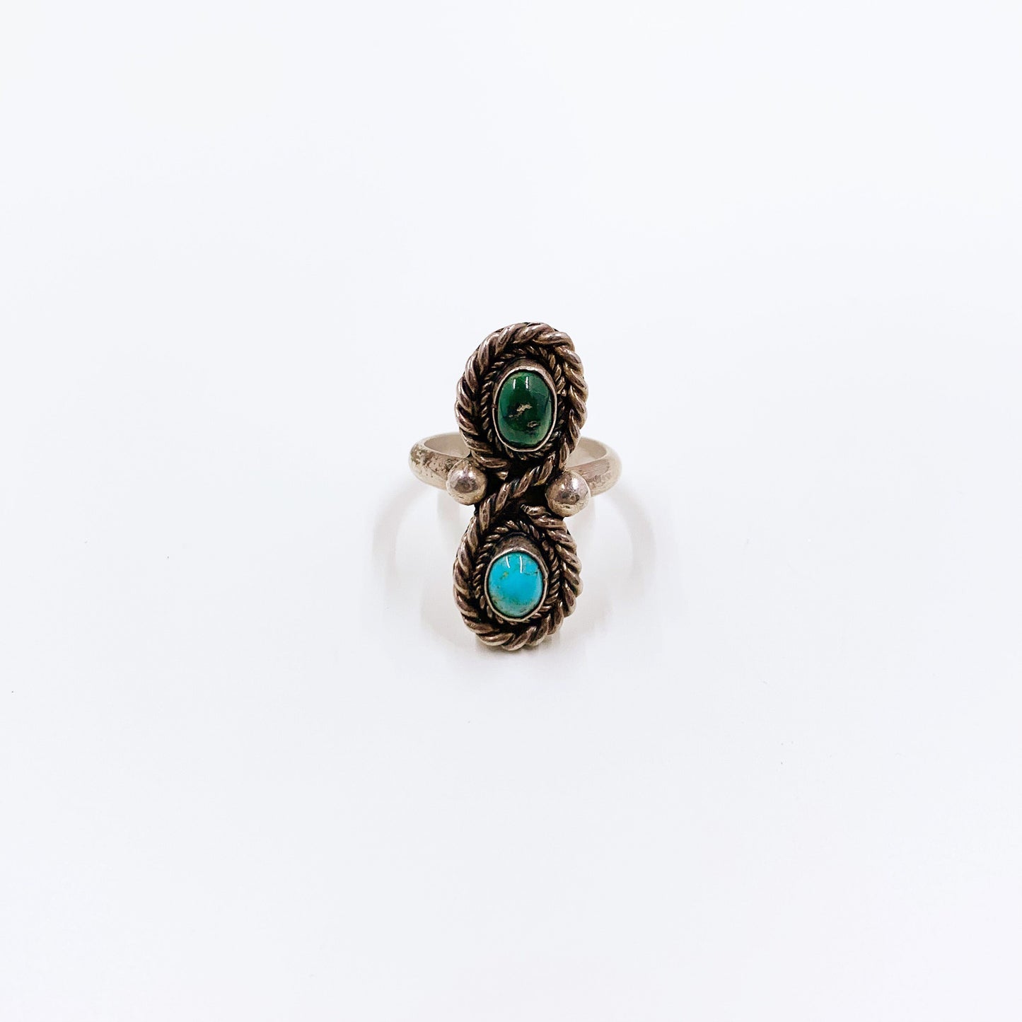 Vintage Silver Two Stone Turquoise Ring | Southwest Jewelry | Silver Turquoise Long Ring | Size 6 1/2 Ring