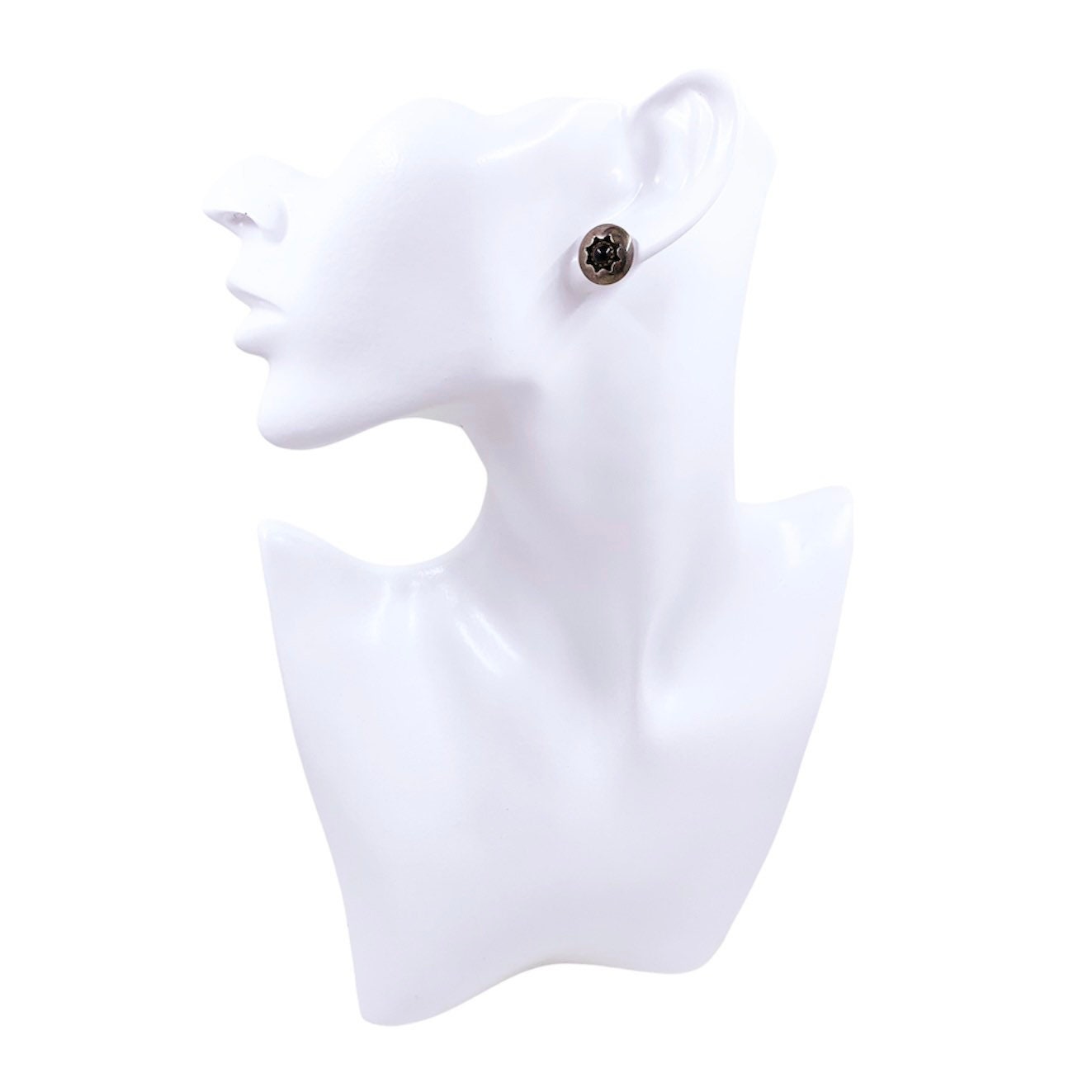 Vintage Silver Onyx Shadow Box Earrings | Silver Onyx Round Stud Earrings