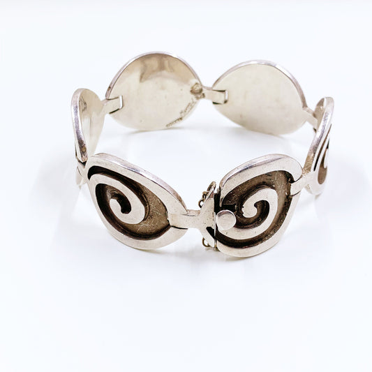 Vintage Silver Mexican Modernist Panel Bracelet | Mexican Modernist Overlay Swirl Link Bracelet