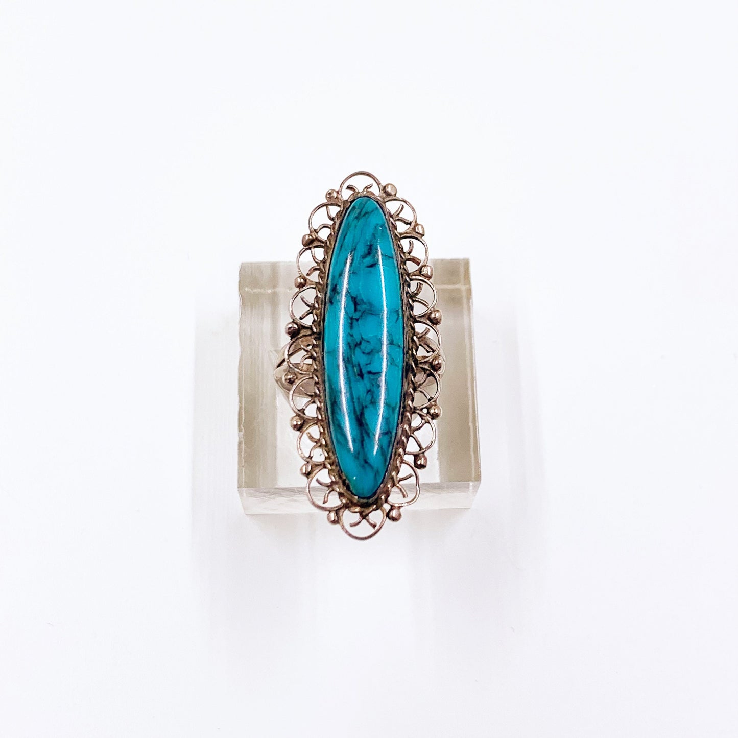 Vintage Silver Faux Turquoise Navette Ring | Size 5 Ring