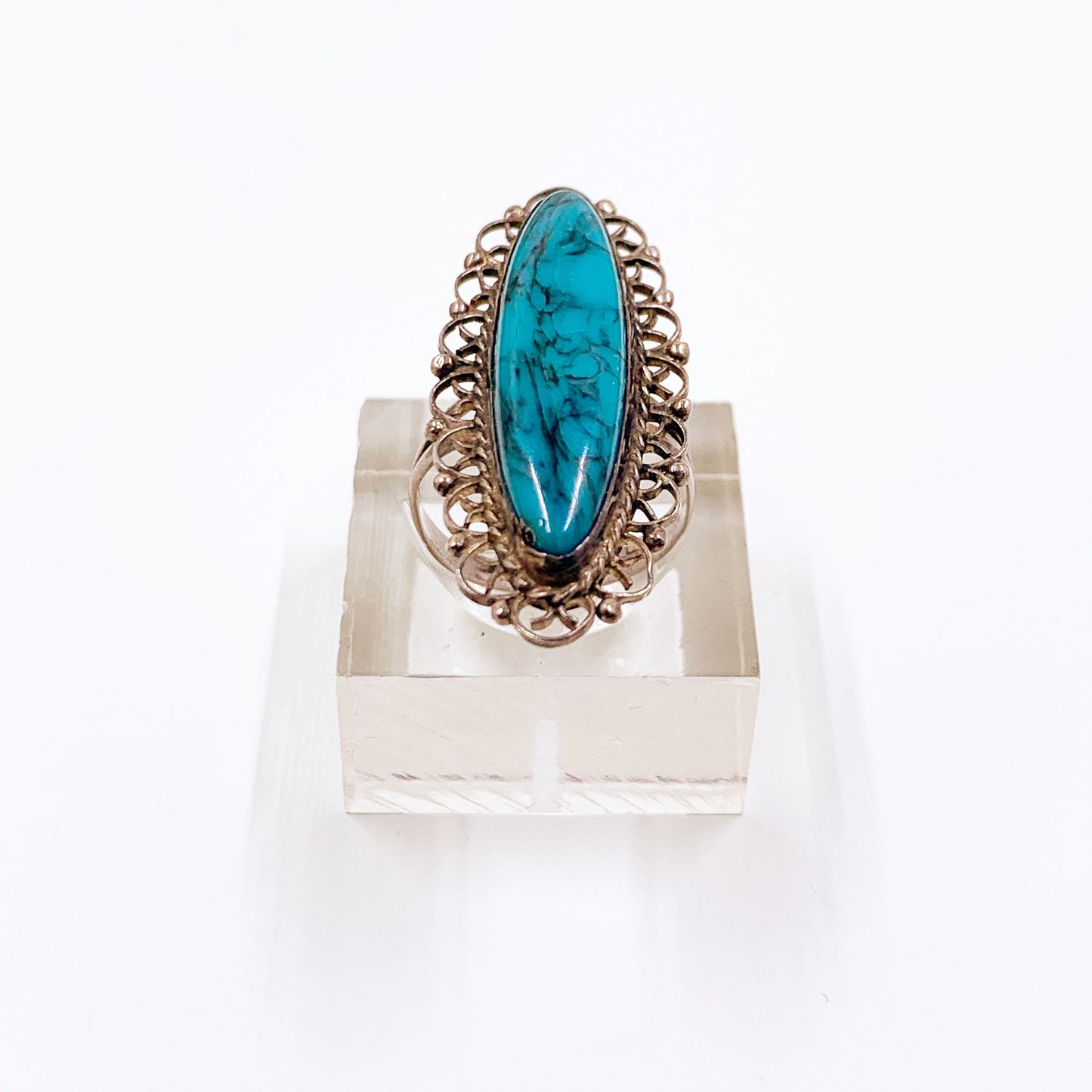 Vintage Silver Faux Turquoise Navette Ring | Size 5 Ring
