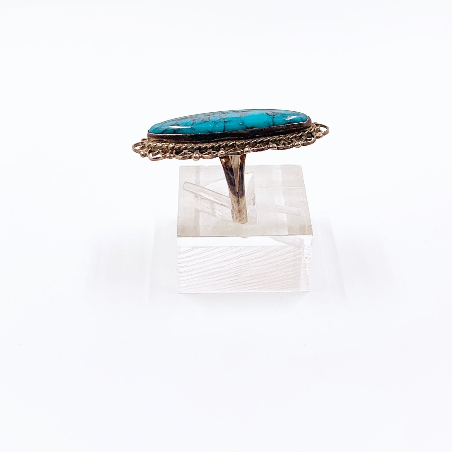 Vintage Silver Faux Turquoise Navette Ring | Size 5 Ring