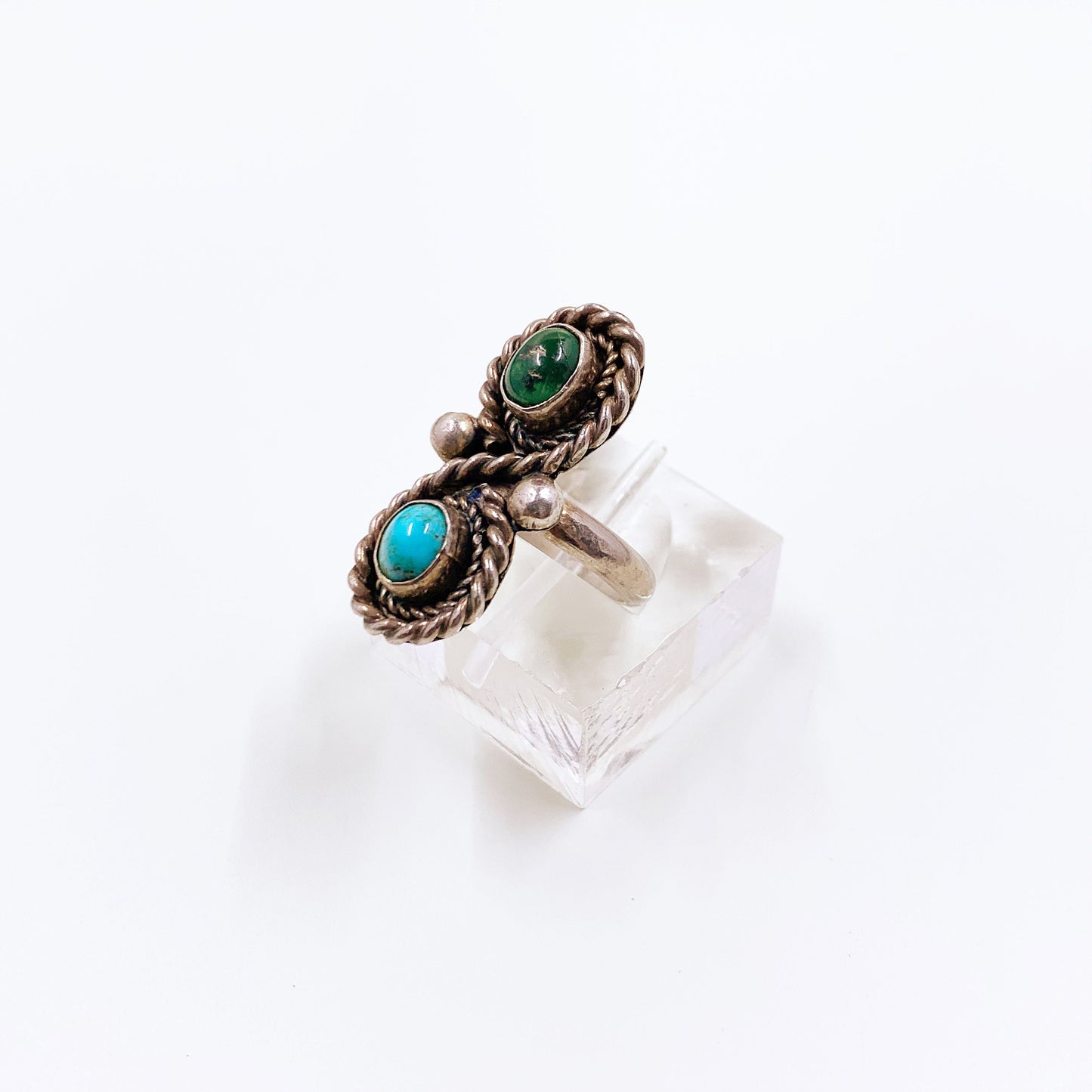 Vintage Silver Two Stone Turquoise Ring | Southwest Jewelry | Silver Turquoise Long Ring | Size 6 1/2 Ring