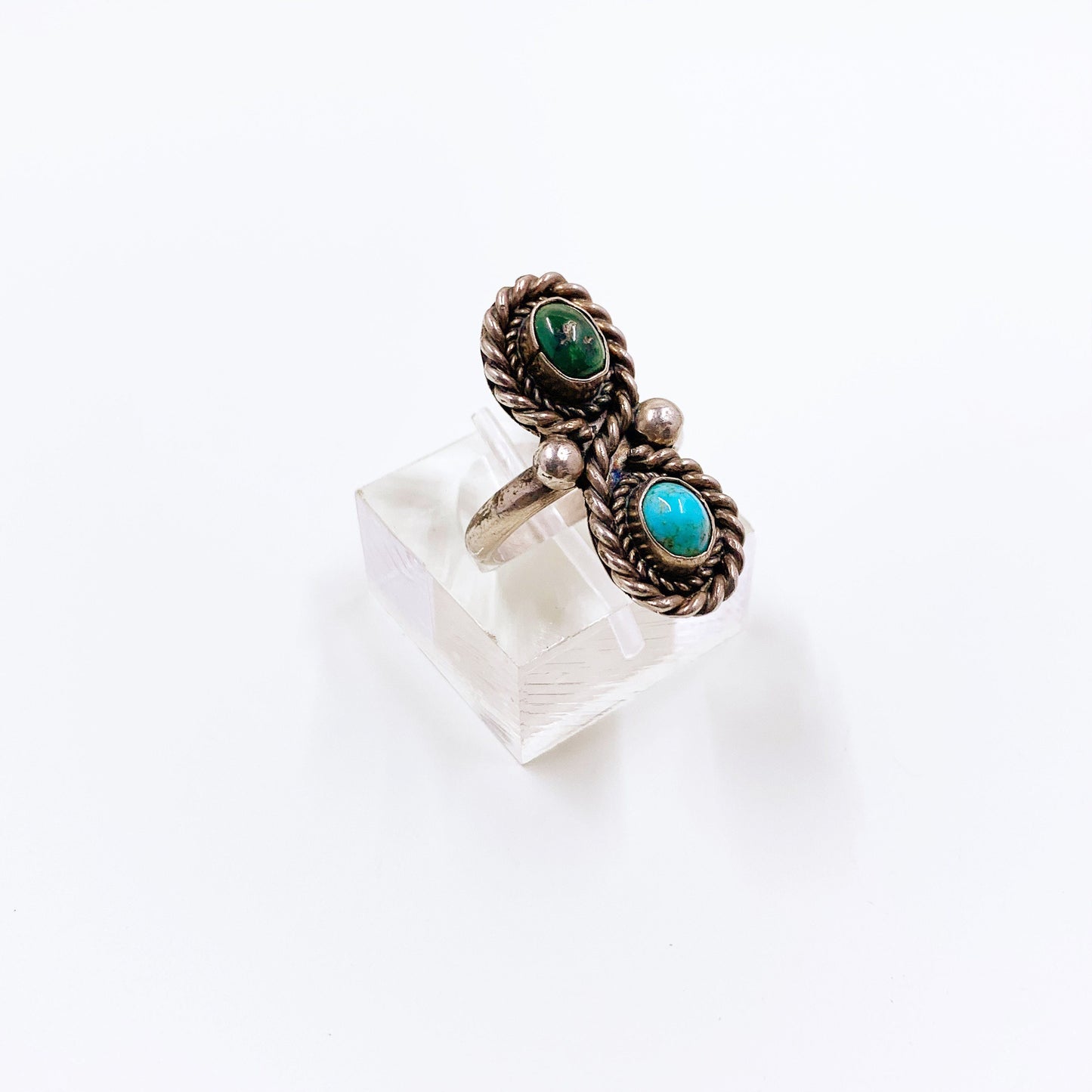 Vintage Silver Two Stone Turquoise Ring | Southwest Jewelry | Silver Turquoise Long Ring | Size 6 1/2 Ring