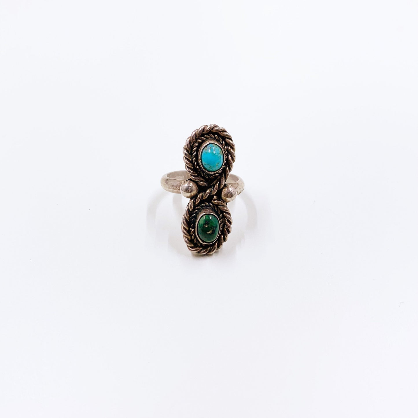 Vintage Silver Two Stone Turquoise Ring | Southwest Jewelry | Silver Turquoise Long Ring | Size 6 1/2 Ring