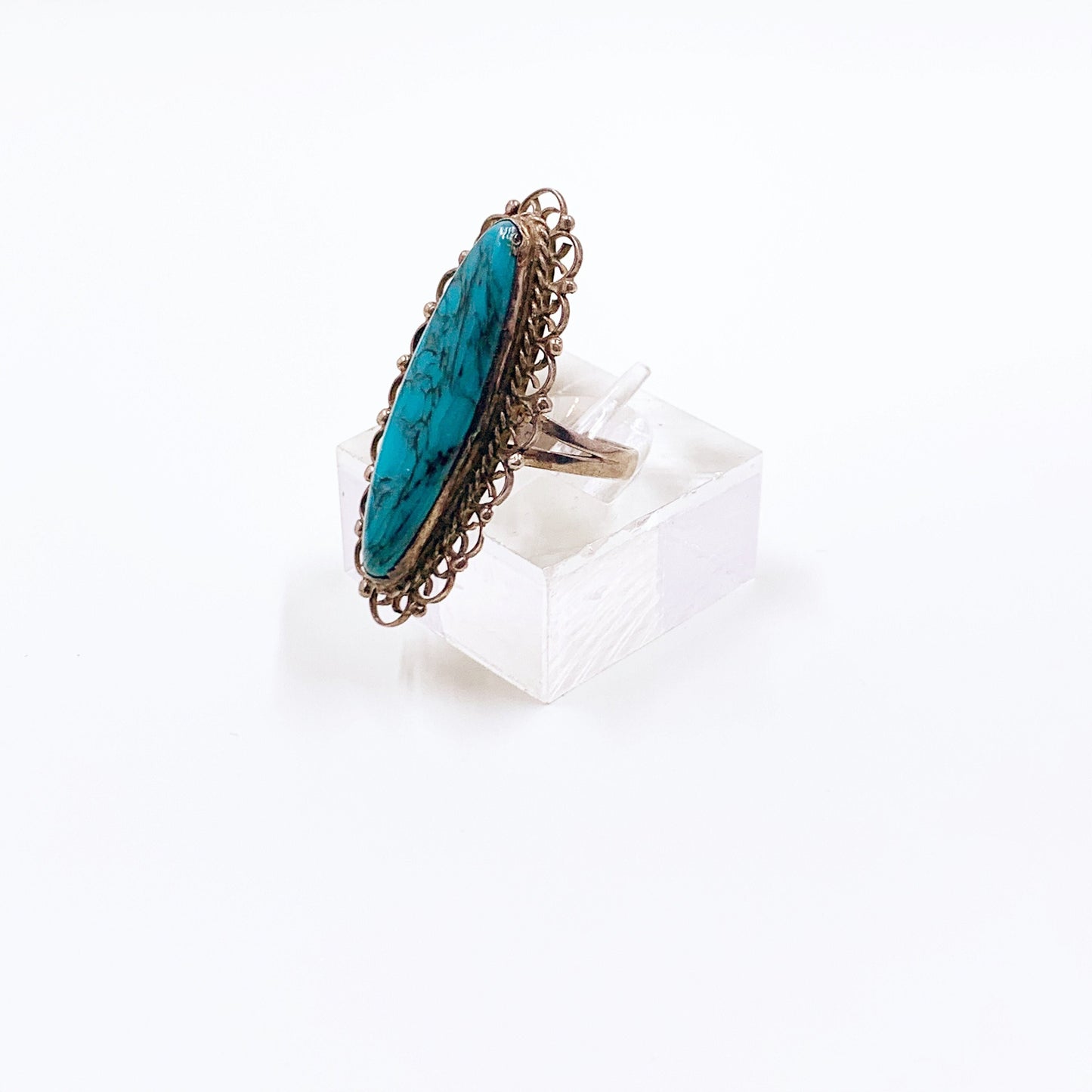 Vintage Silver Faux Turquoise Navette Ring | Size 5 Ring