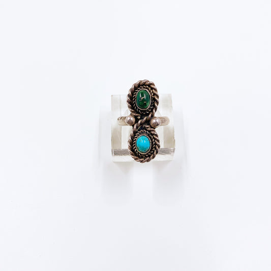 Vintage Silver Two Stone Turquoise Ring | Southwest Jewelry | Silver Turquoise Long Ring | Size 6 1/2 Ring