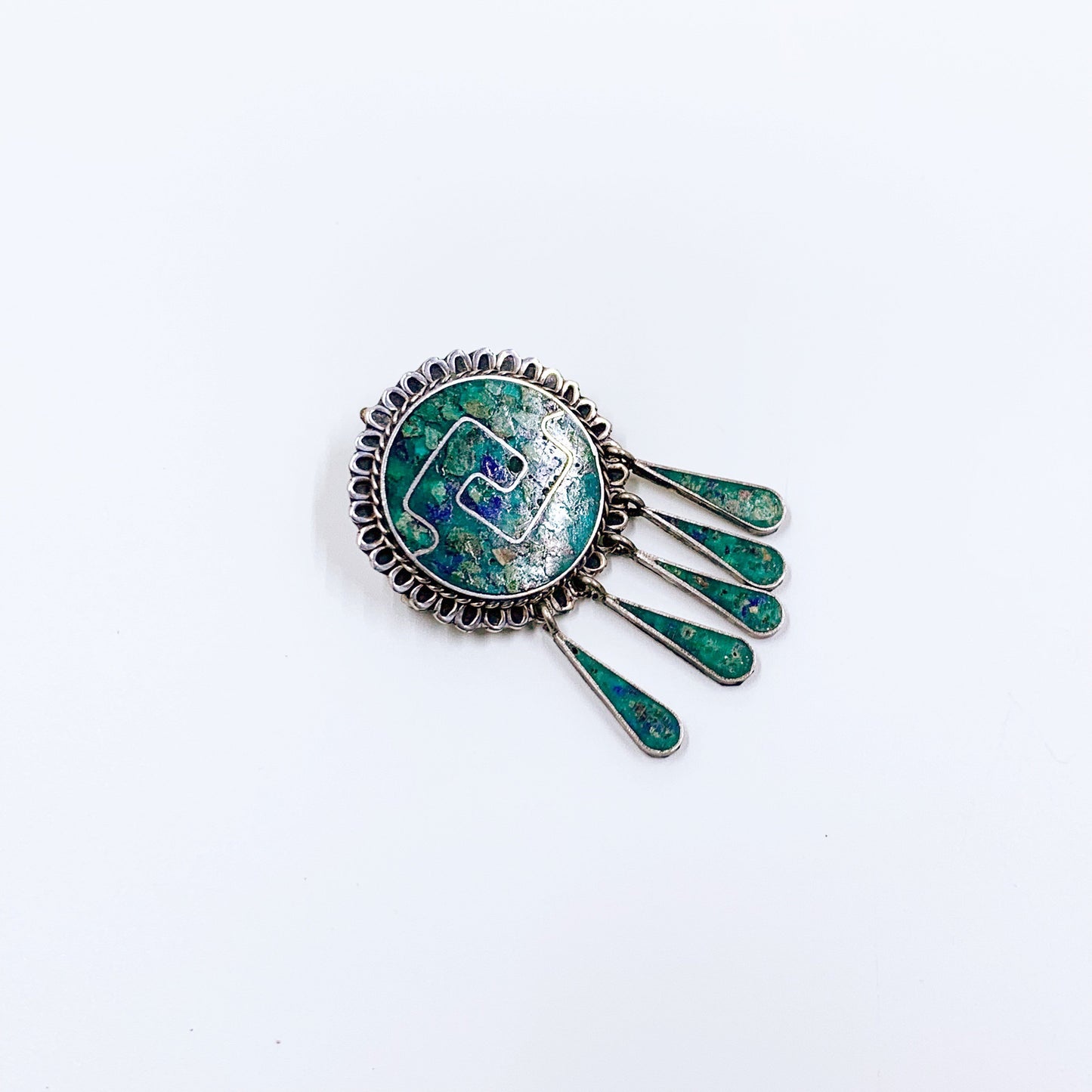 Vintage Mexican Silver Chip Stone Inlay Pin and Pendant | Taxco Mexico Two Trees Pendant Brooch