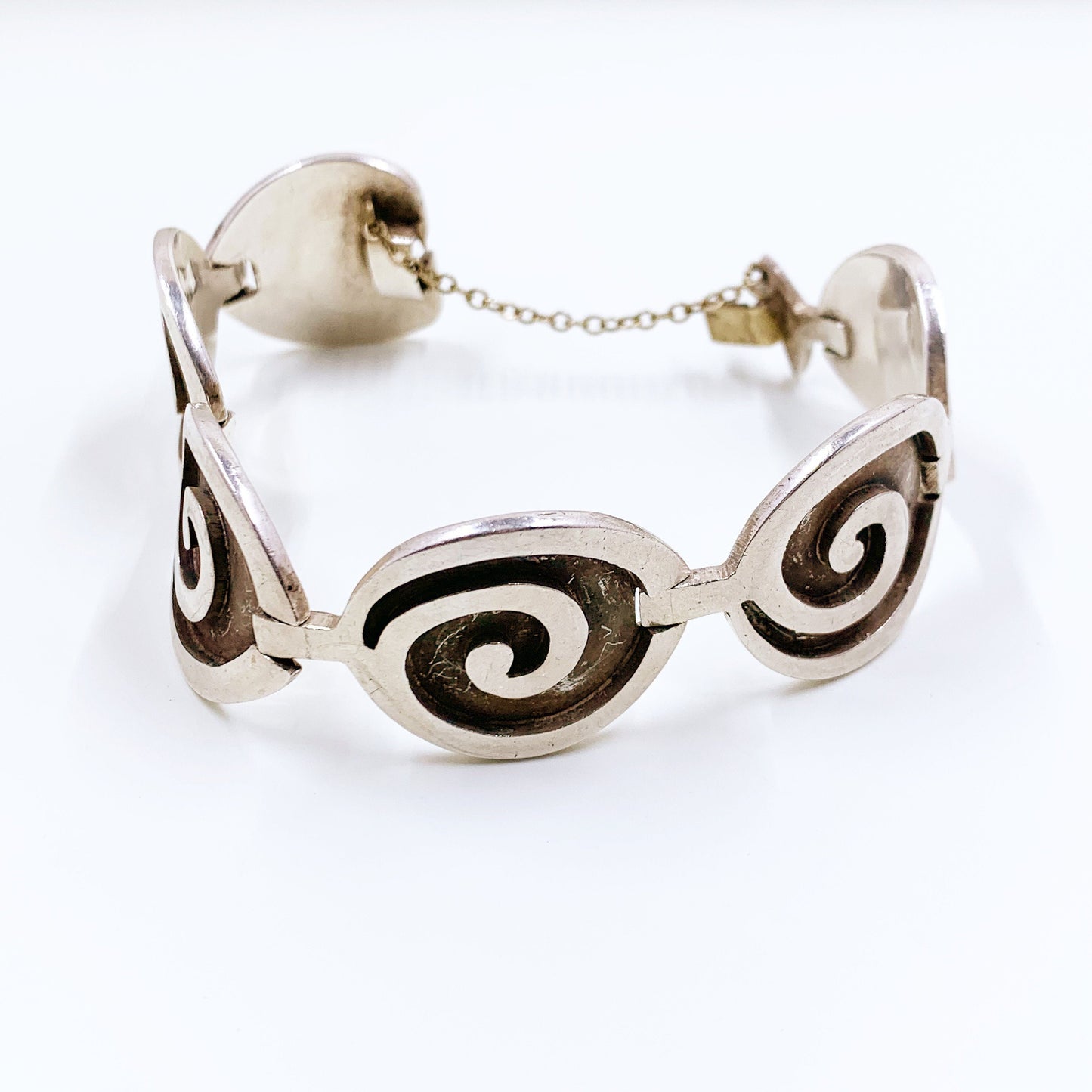Vintage Silver Mexican Modernist Panel Bracelet | Mexican Modernist Overlay Swirl Link Bracelet