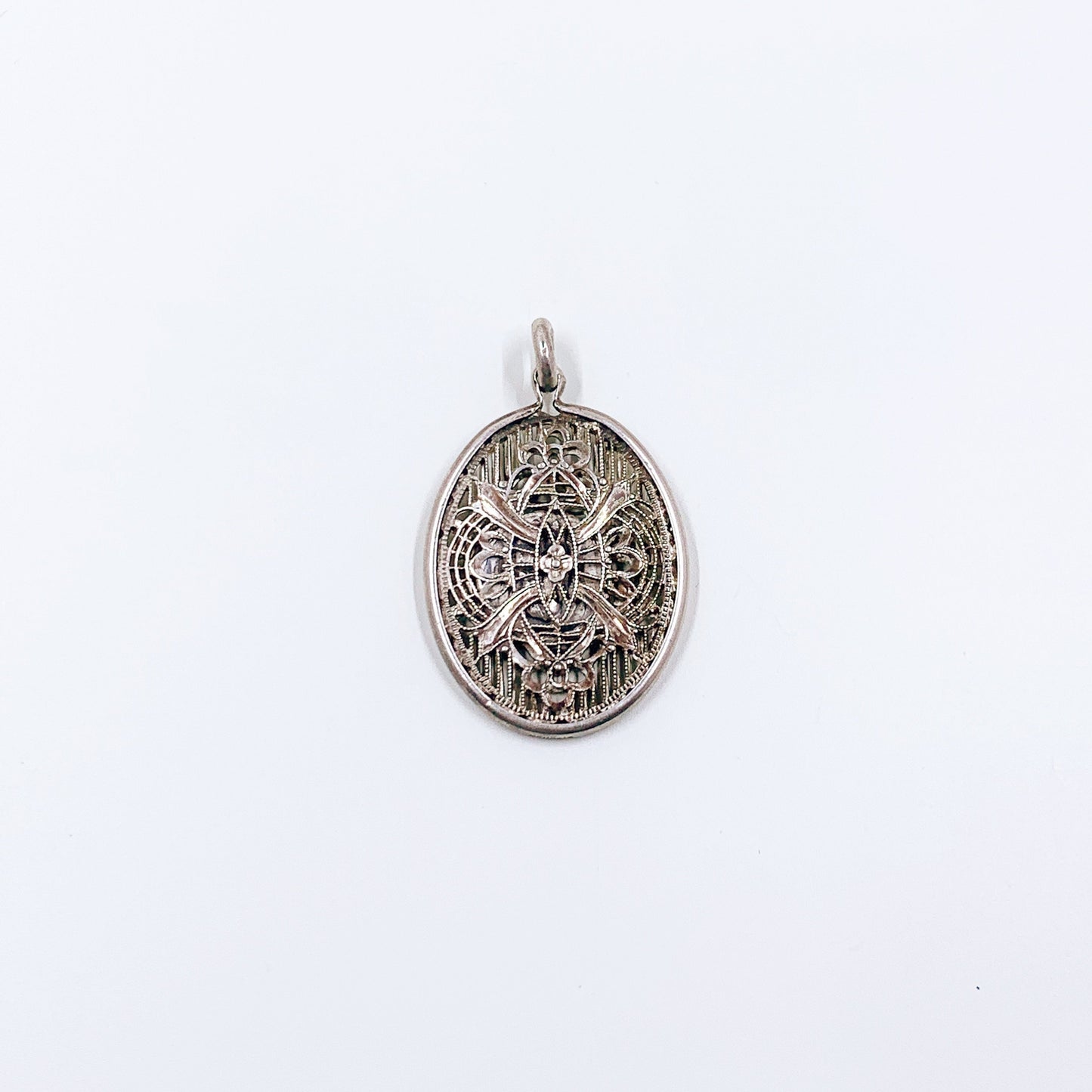 Art Deco Sterling Silver Caged Filigree Hidden Miraculous Medal Pendant | Antique Sterling Silver Filigree Encased Catholic Medal Pendant