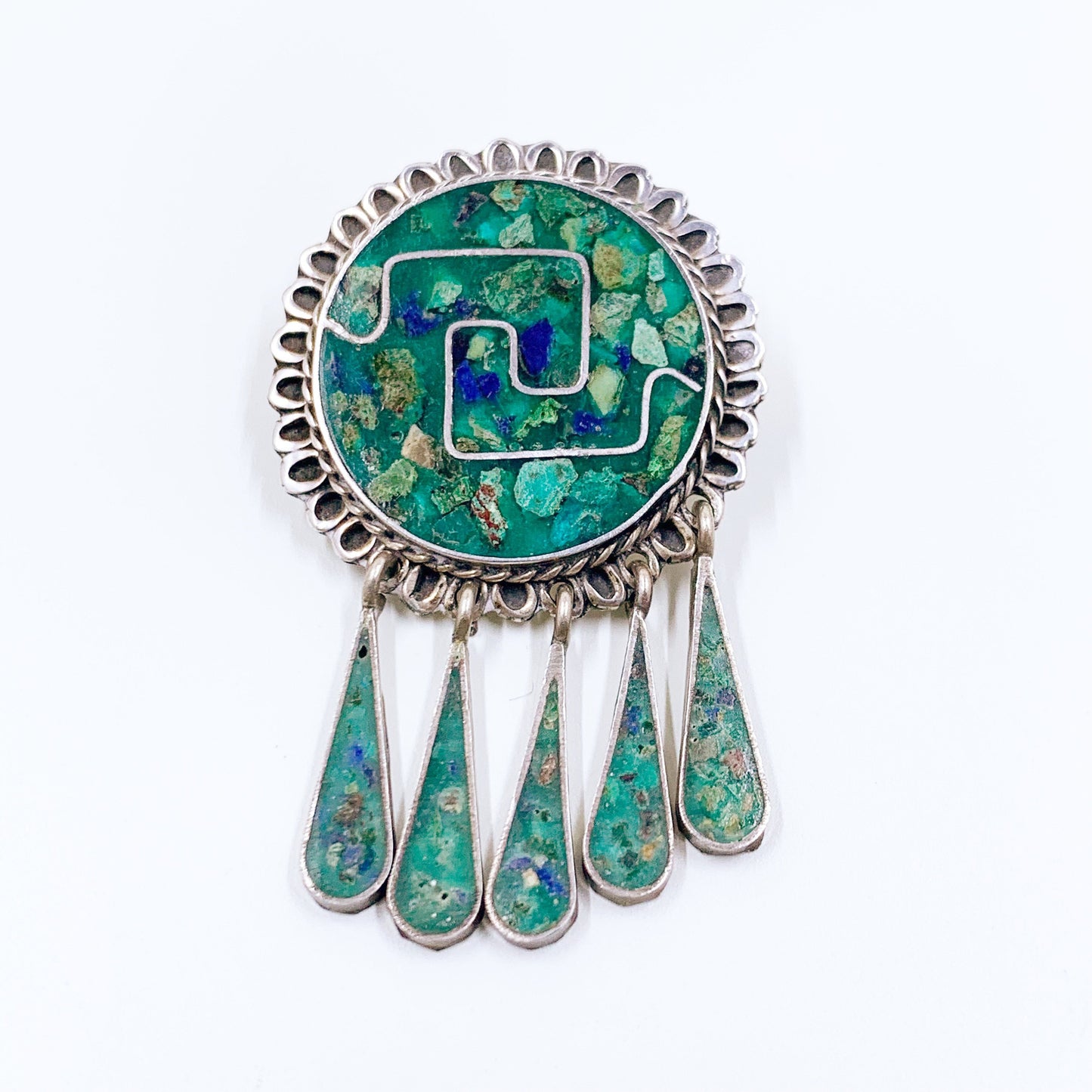 Vintage Mexican Silver Chip Stone Inlay Pin and Pendant | Taxco Mexico Two Trees Pendant Brooch