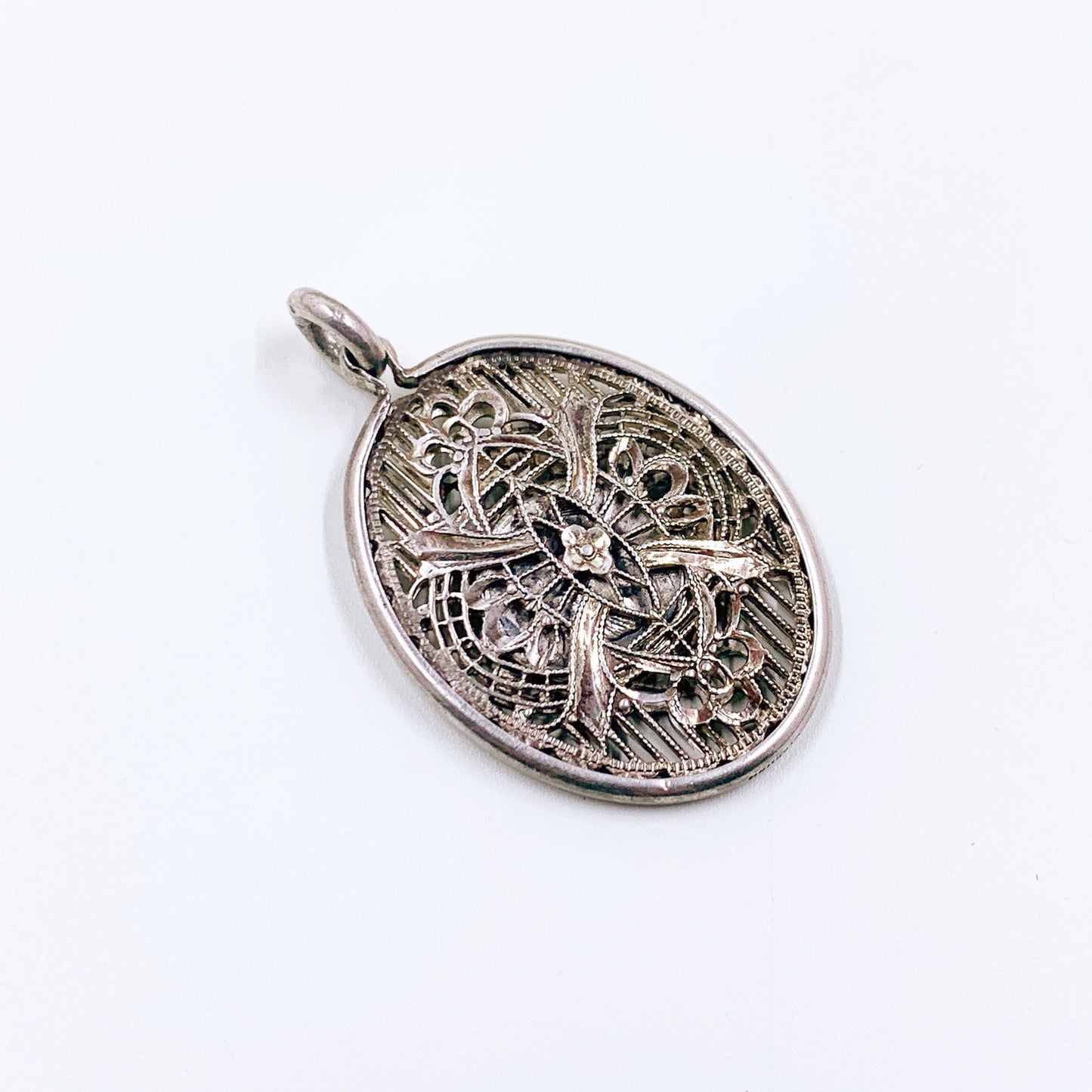 Art Deco Sterling Silver Caged Filigree Hidden Miraculous Medal Pendant | Antique Sterling Silver Filigree Encased Catholic Medal Pendant