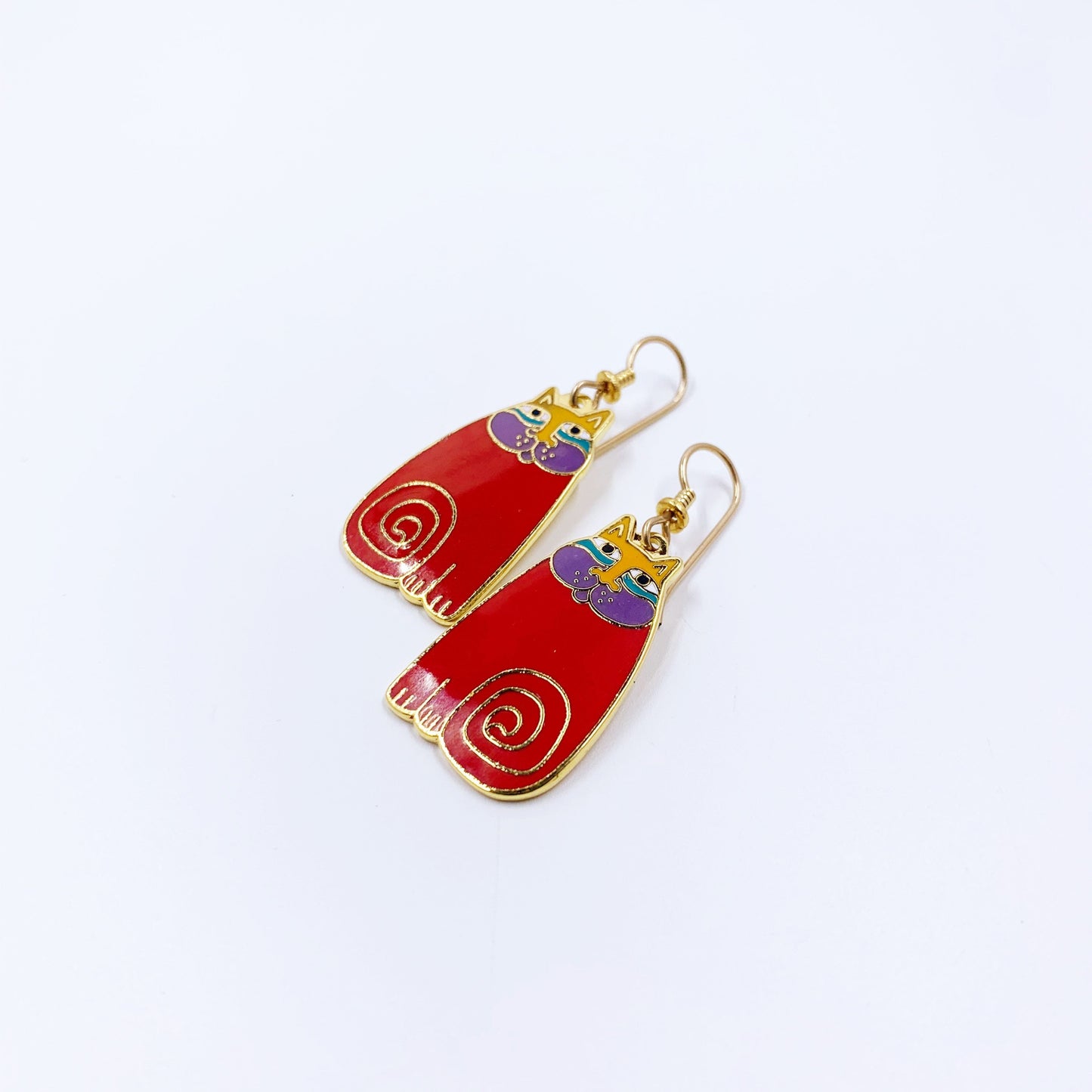 Vintage Laurel Birch Red Olivia Cloisonné Enamel Cat Earrings | Vintage Red Cat Enamel Earrings