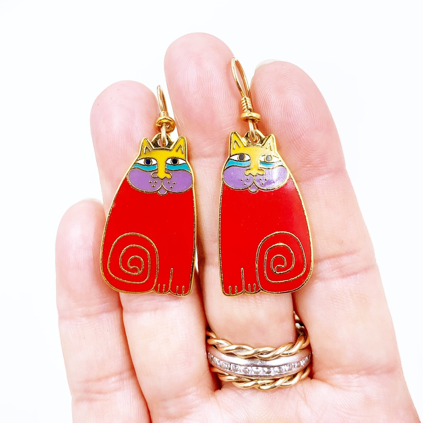 Vintage Laurel Birch Red Olivia Cloisonné Enamel Cat Earrings | Vintage Red Cat Enamel Earrings