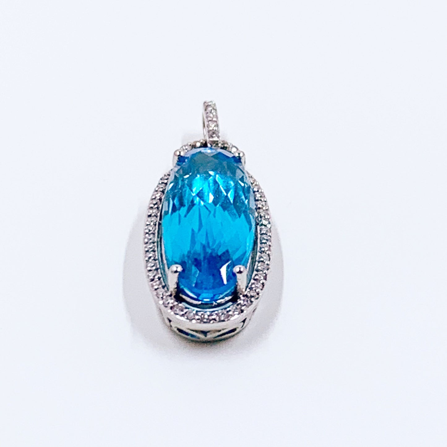 14K Diamond and Blue Topaz Pendant | 14K Diamond Halo Blue Topaz Pendant