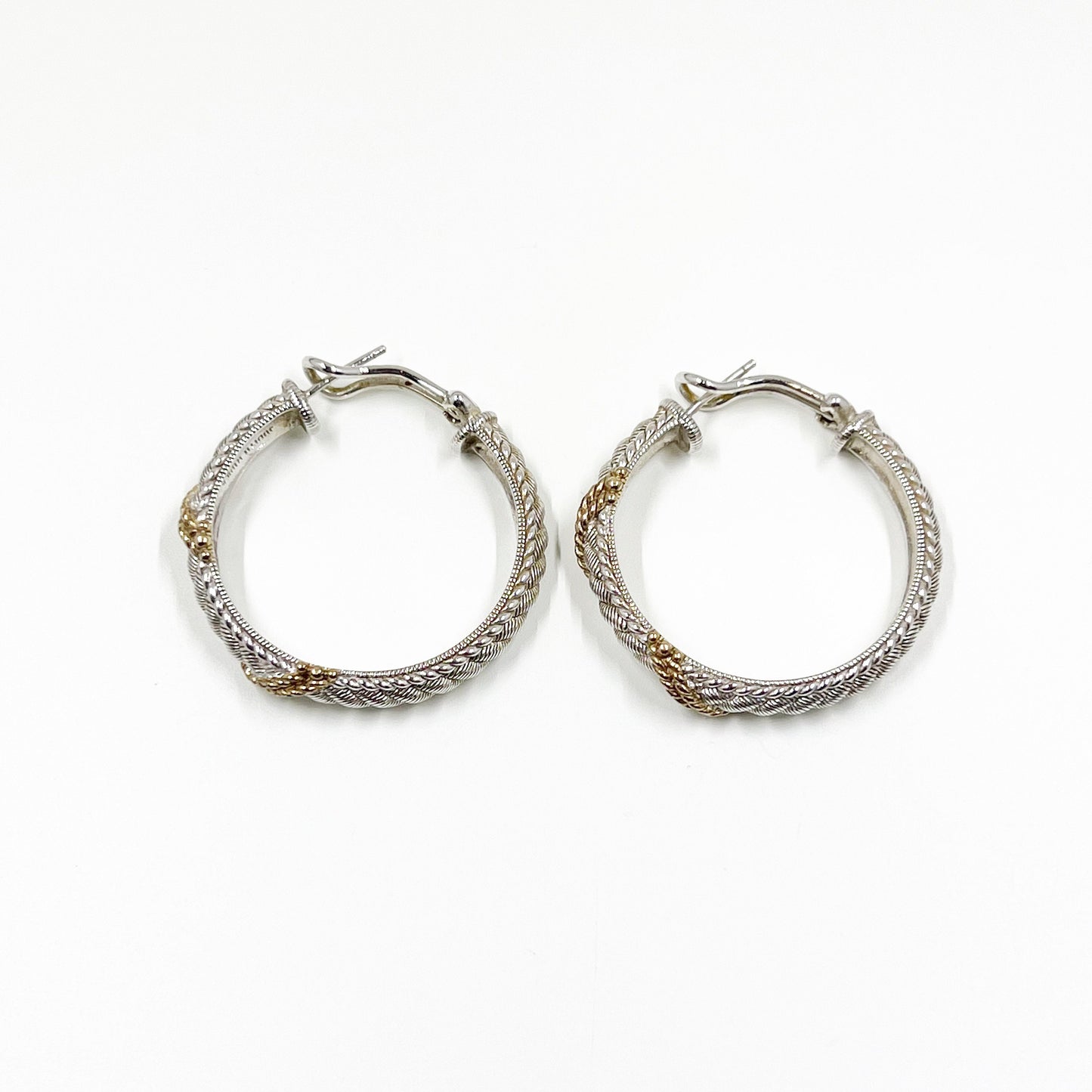 Estate Judith Ripka Two Tone Silver Braided Rope Hoop Earrings| Judith Ripka Silver and Gold Omega Hoop Earrings | Large Hoop Earrings