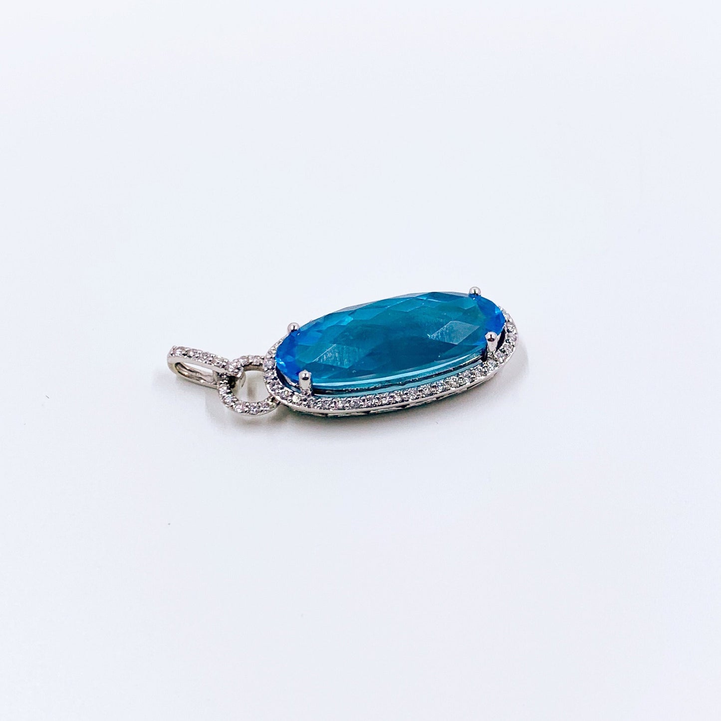 14K Diamond and Blue Topaz Pendant | 14K Diamond Halo Blue Topaz Pendant