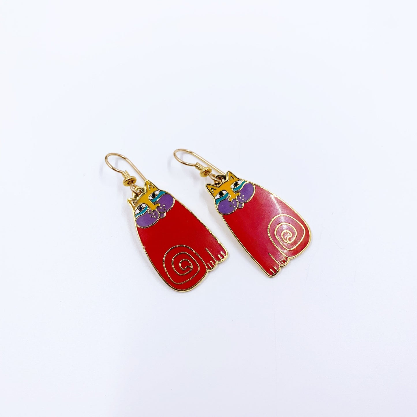 Vintage Laurel Birch Red Olivia Cloisonné Enamel Cat Earrings | Vintage Red Cat Enamel Earrings