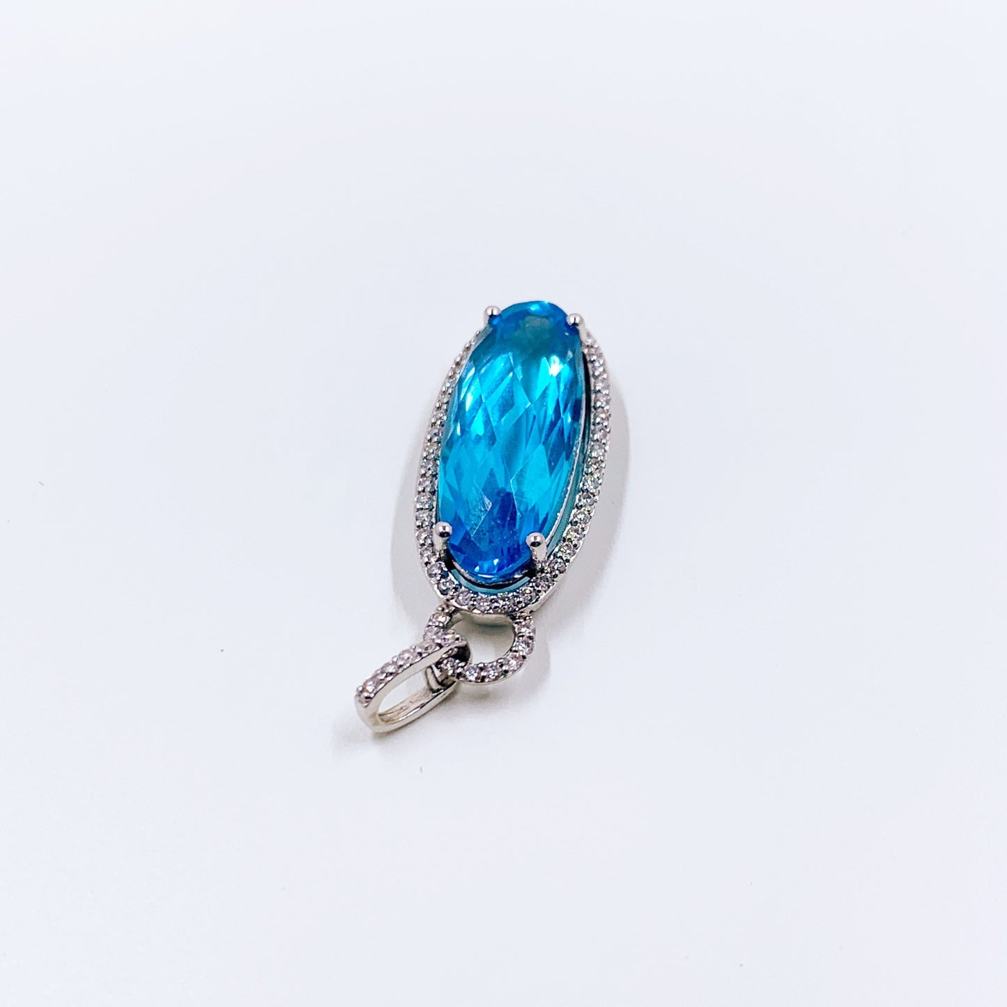 14K Diamond and Blue Topaz Pendant | 14K Diamond Halo Blue Topaz Pendant