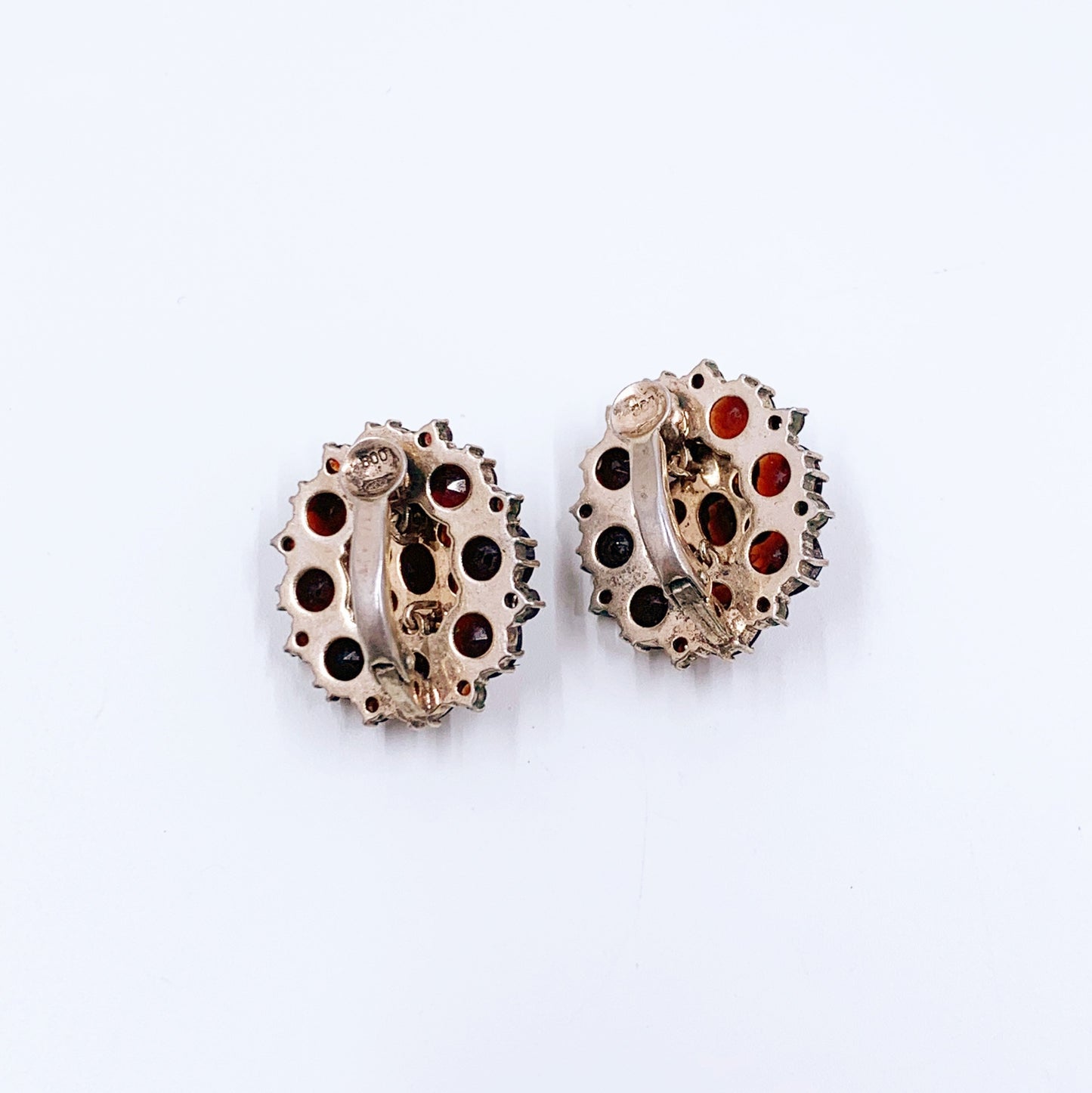 Vintage 800 Silver Rose Cut Garnet Cluster Earrings | Vintage Bohemian Garnet Cluster Clip On Earrings