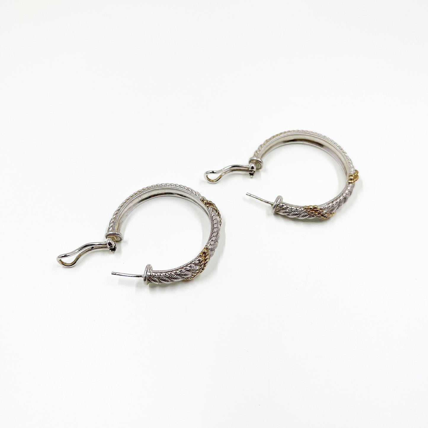 Estate Judith Ripka Two Tone Silver Braided Rope Hoop Earrings| Judith Ripka Silver and Gold Omega Hoop Earrings | Large Hoop Earrings