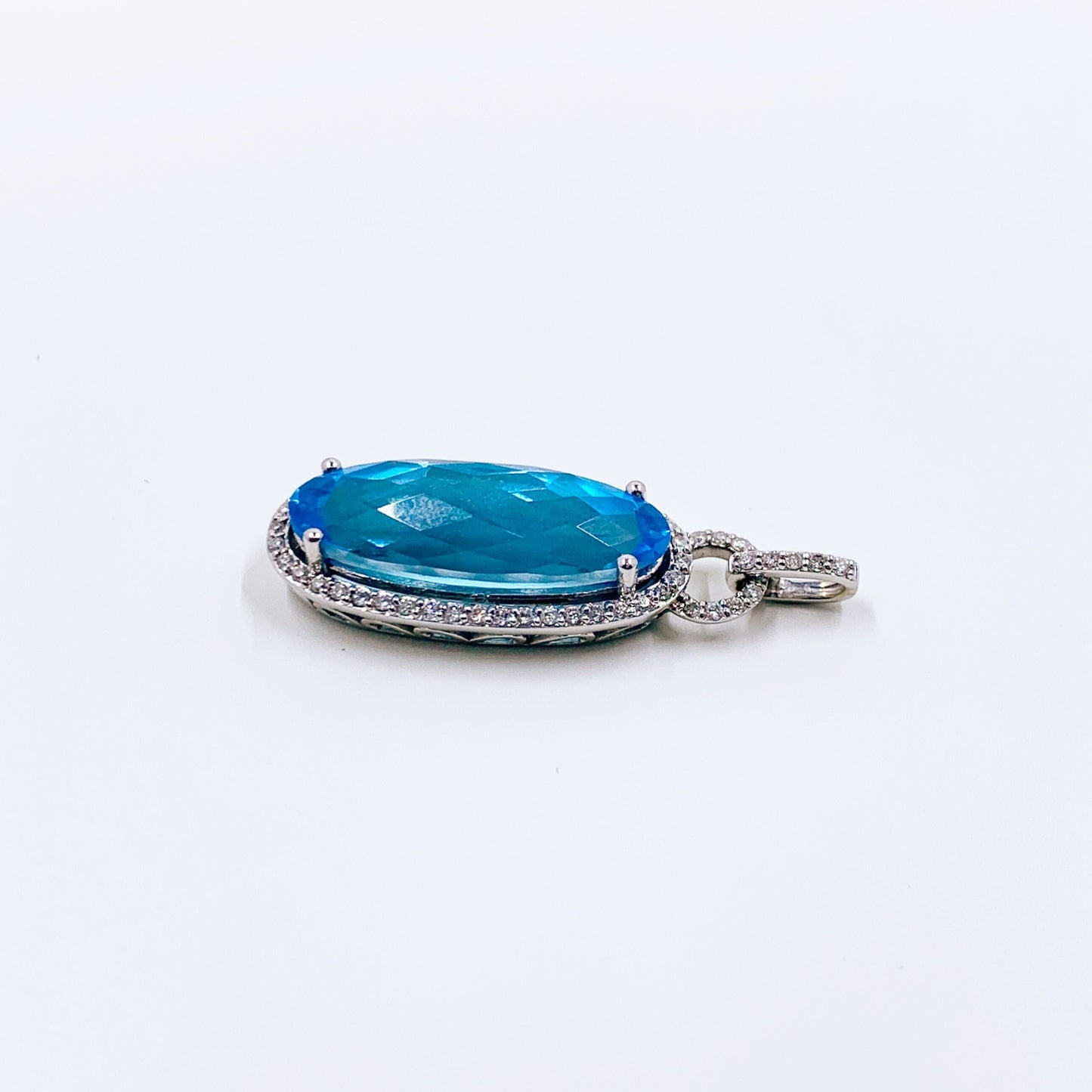 14K Diamond and Blue Topaz Pendant | 14K Diamond Halo Blue Topaz Pendant