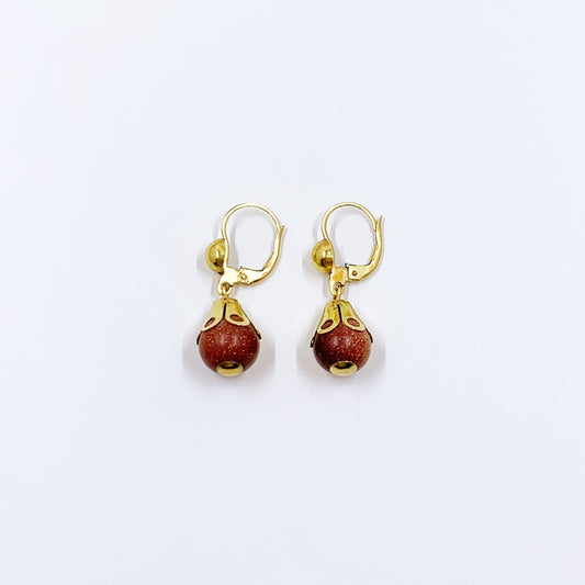 Vintage 10K Goldstone Bead Drop Earrings | 10K Gold Venturina Bead Earrings