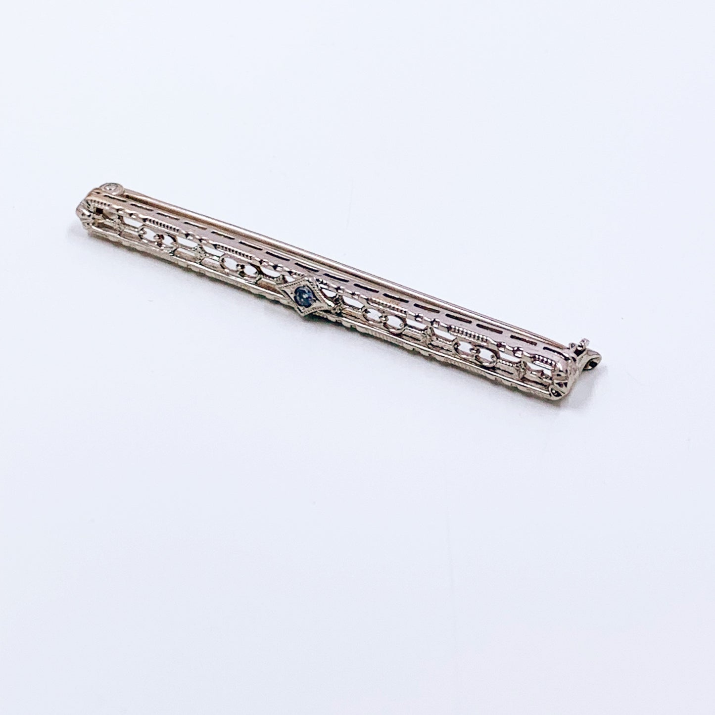 Antique Art Deco 10K Filigree Milgrain Bar Brooch with Blue Stone Accent