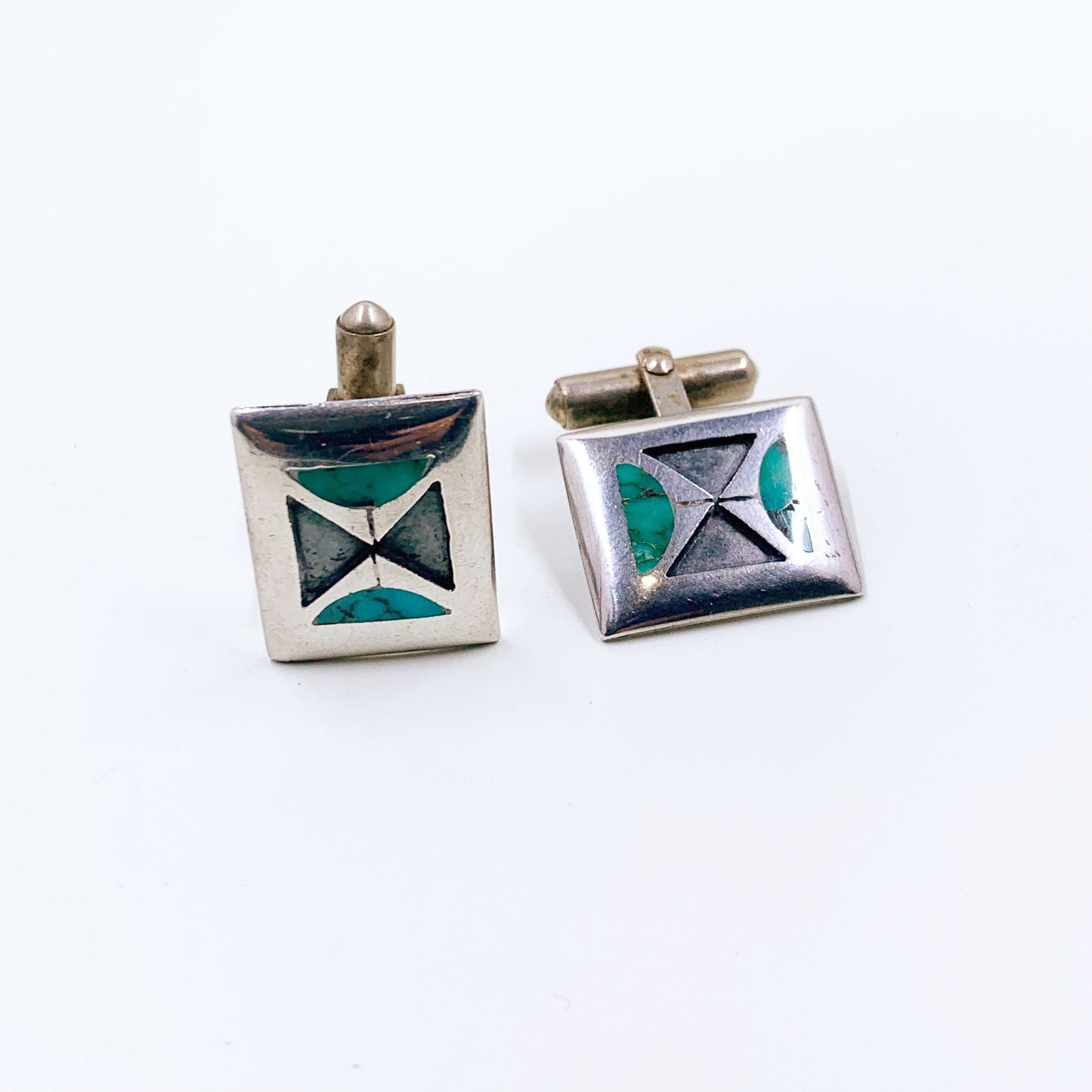 Vintage Silver and Turquoise Inlay Cufflinks | Vintage Modernist Silver Turquoise Cufflinks