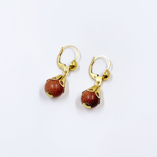 Vintage 10K Goldstone Bead Drop Earrings | 10K Gold Venturina Bead Earrings