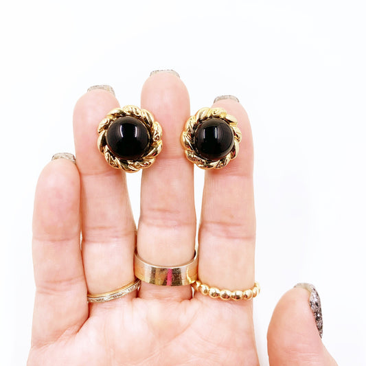 Estate 14K Gold Onyx Button Earrings | Domed Onyx Button Style Omega Back Earrings