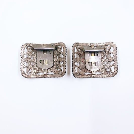 Antique French Victorian Cut Steel Shoe Buckles | Pair of Victorian Steel Riveted Shoe Buckles