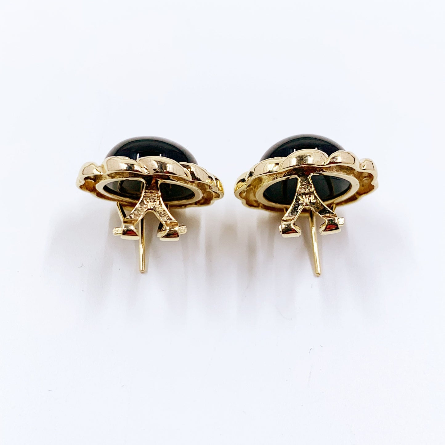 Estate 14K Gold Onyx Button Earrings | Domed Onyx Button Style Omega Back Earrings