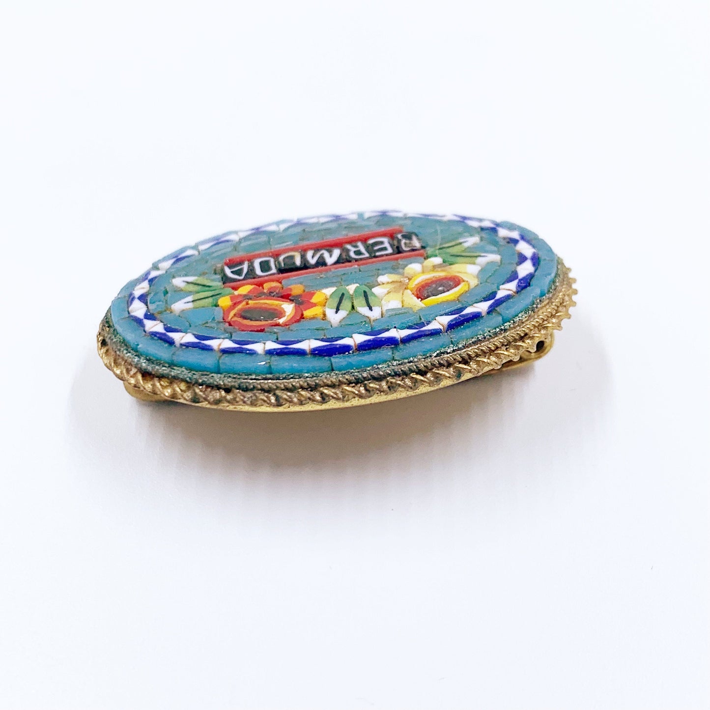 Vintage Italian Bermuda Mosaic Brooch | Italian Tourist Floral Mosaic Jewelry