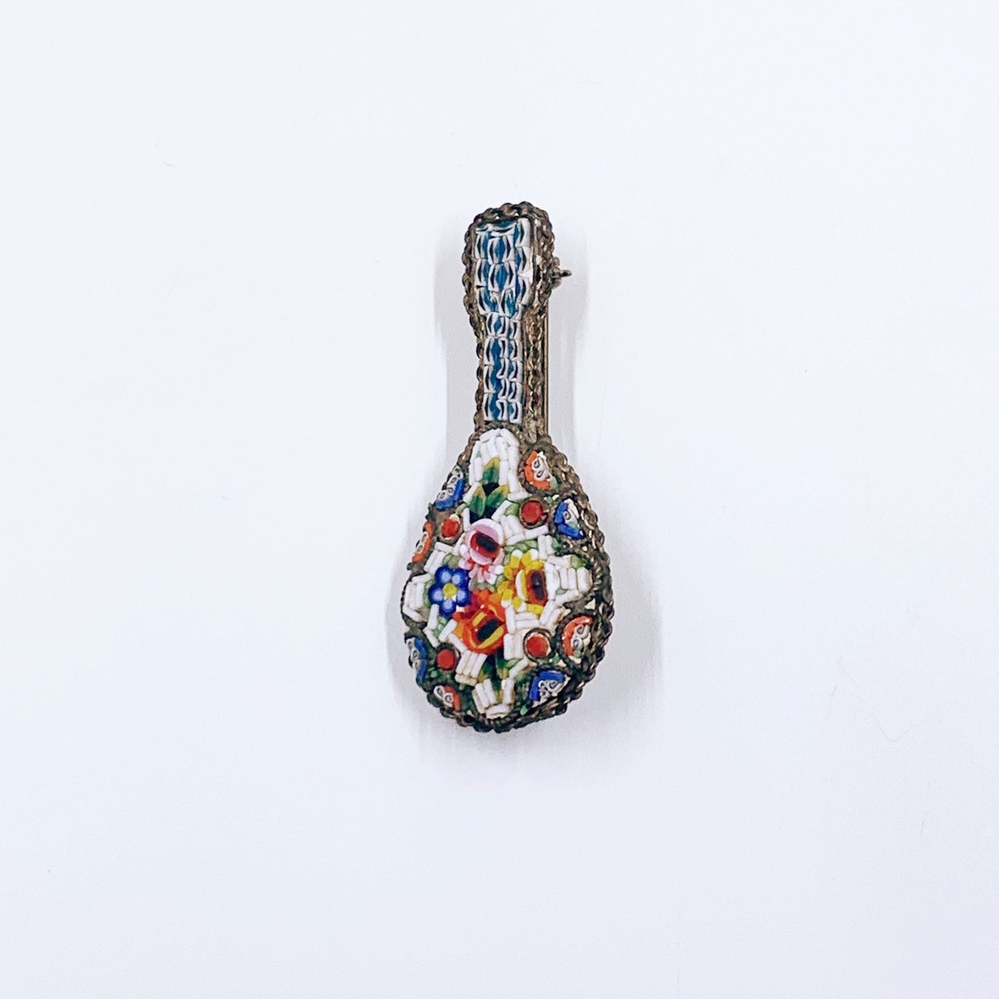 Vintage Italian Floral Mosaic Guitar Brooch | Italian Tourist Floral Mosaic Jewelry