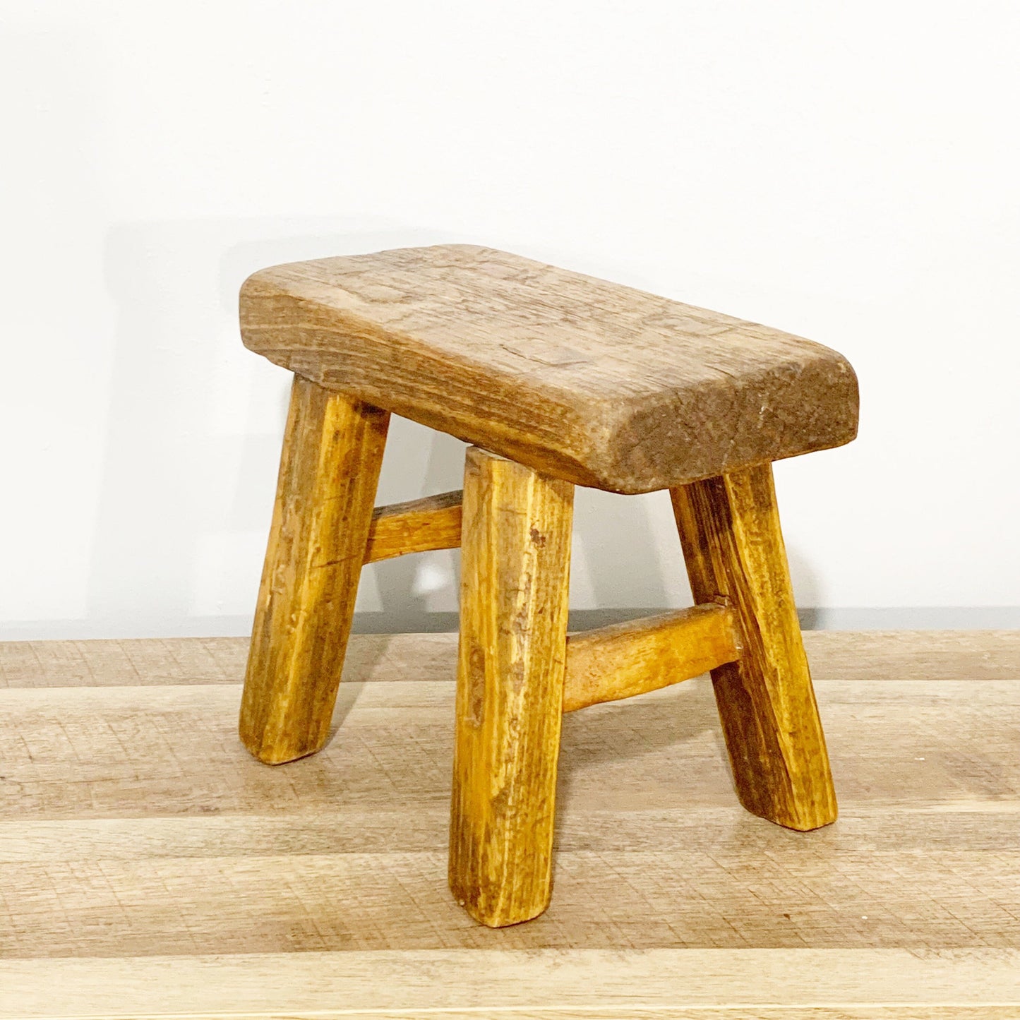 Vintage Rustic Wooden Stool | Primitive Farmhouse Wood Peg Joint Stool