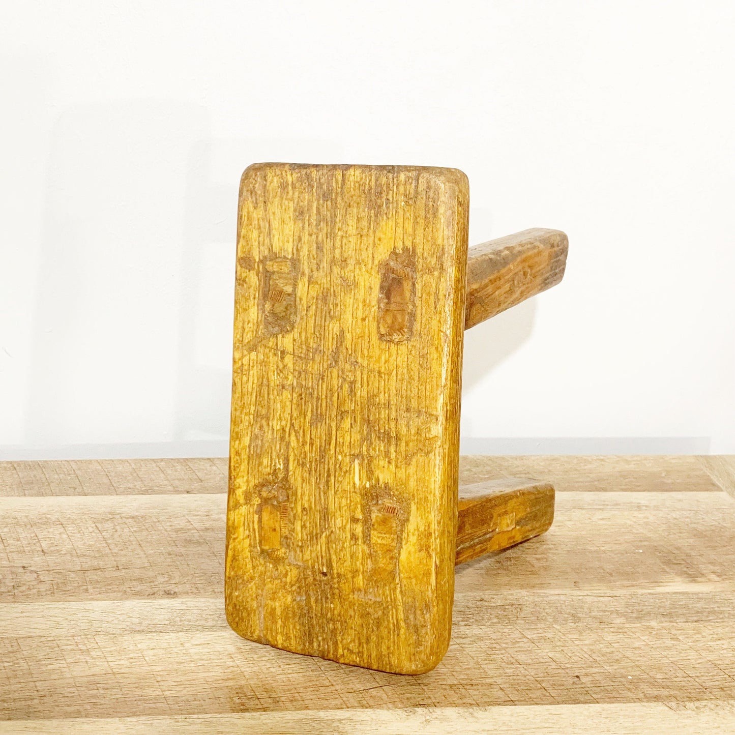 Vintage Rustic Wooden Stool | Primitive Farmhouse Wood Peg Joint Stool