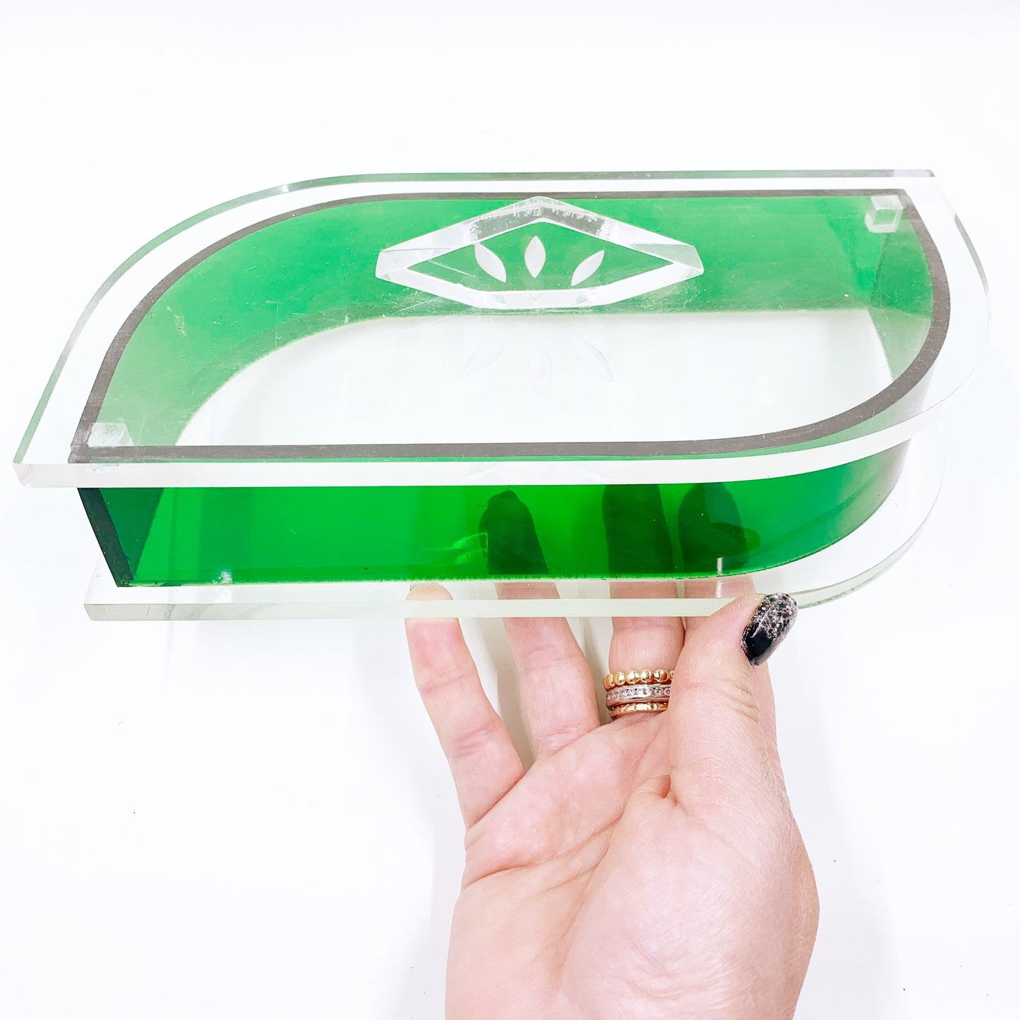 Vintage MCM Green and Clear Geometric Lucite Box | Lucite Mid Century Decor