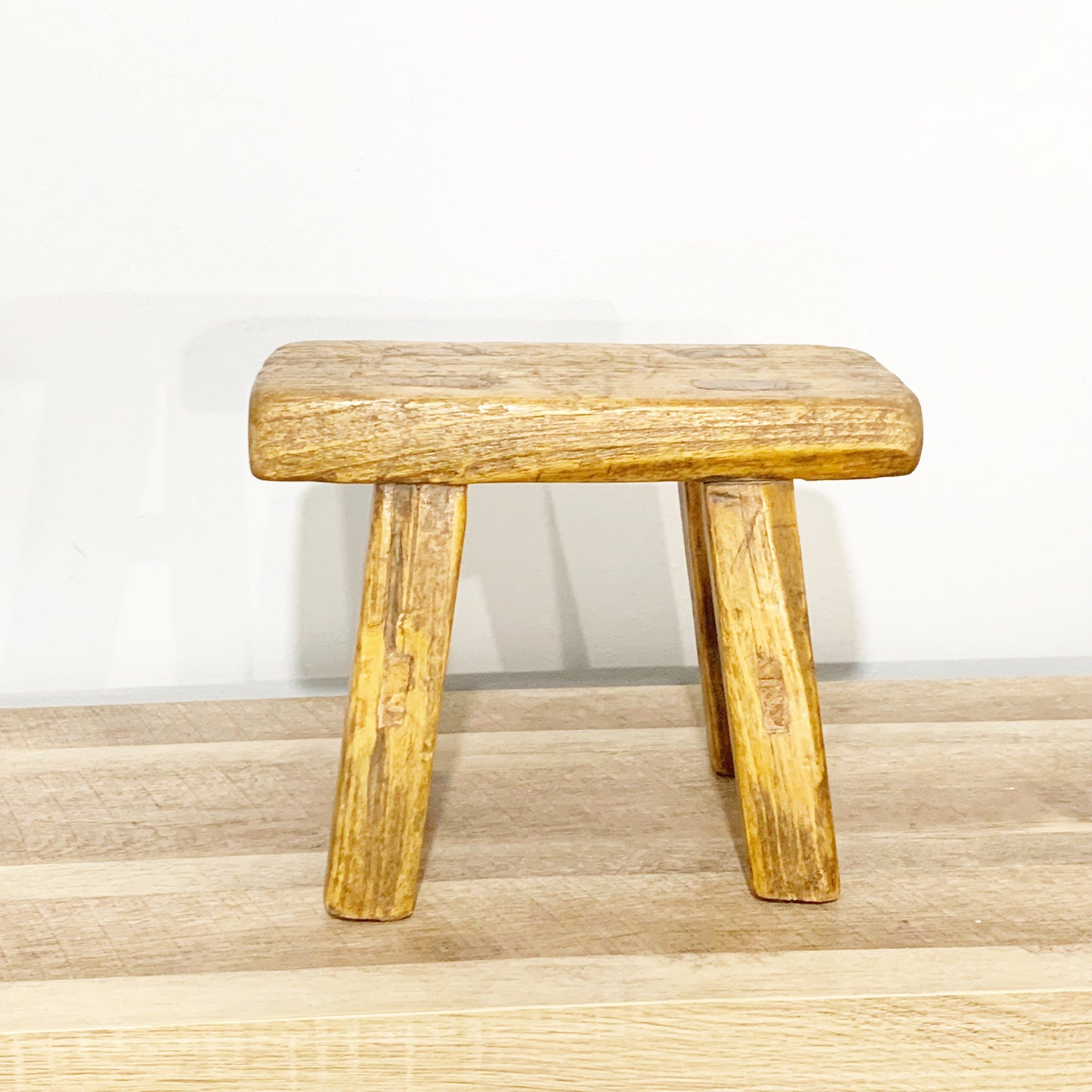 Vintage Rustic Wooden Stool | Primitive Farmhouse Wood Peg Joint Stool