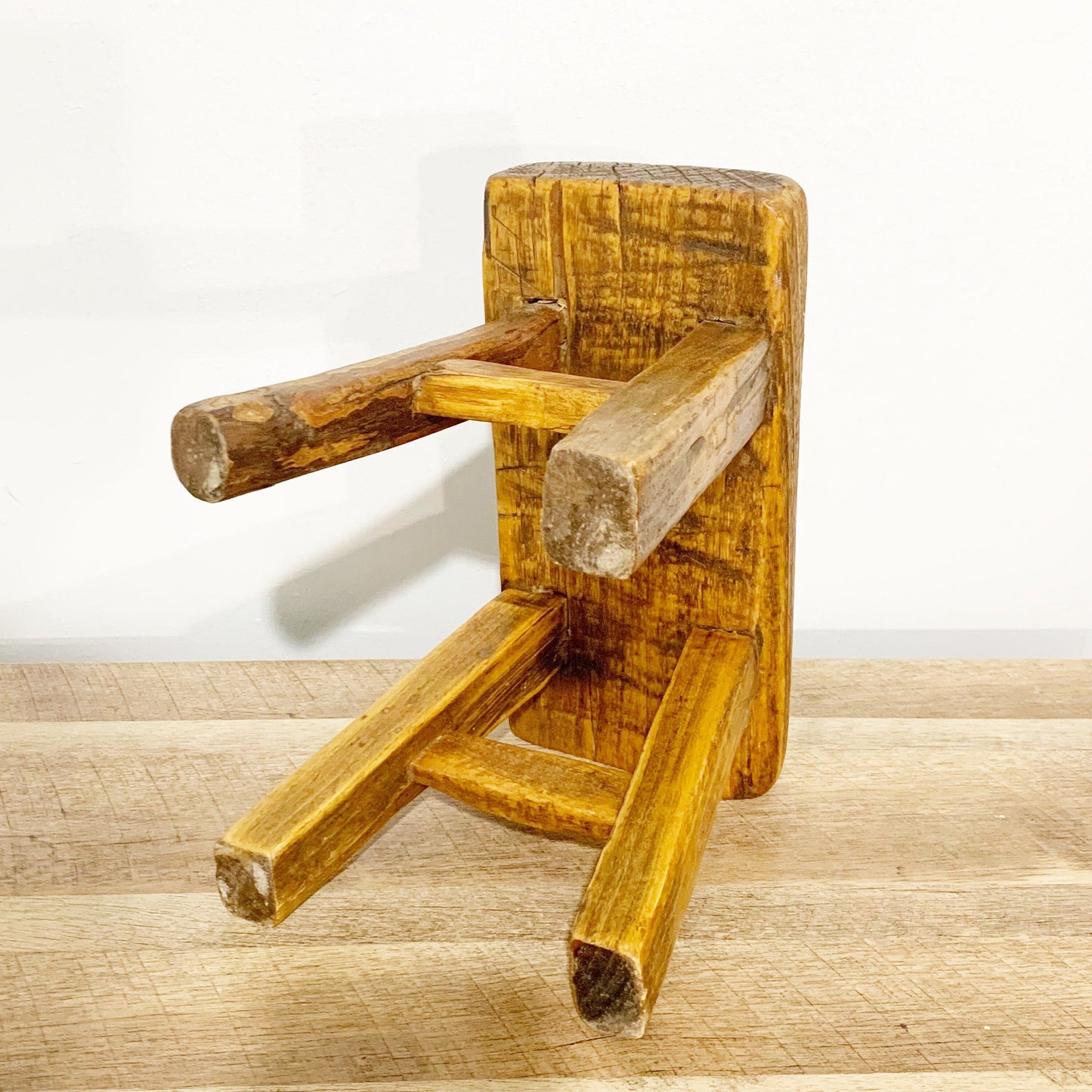 Vintage Rustic Wooden Stool | Primitive Farmhouse Wood Peg Joint Stool