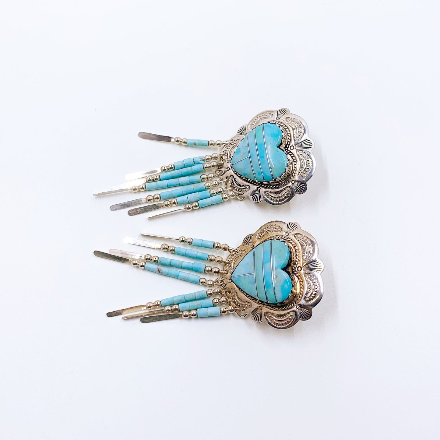 Vintage Concho Turquoise Heart Inlay Earrings | Turquoise Inlay Heart Dangle Earrings