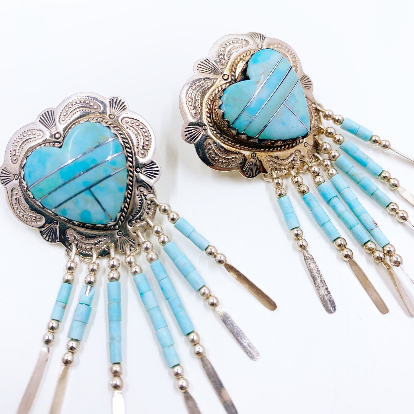 Vintage Concho Turquoise Heart Inlay Earrings | Turquoise Inlay Heart Dangle Earrings