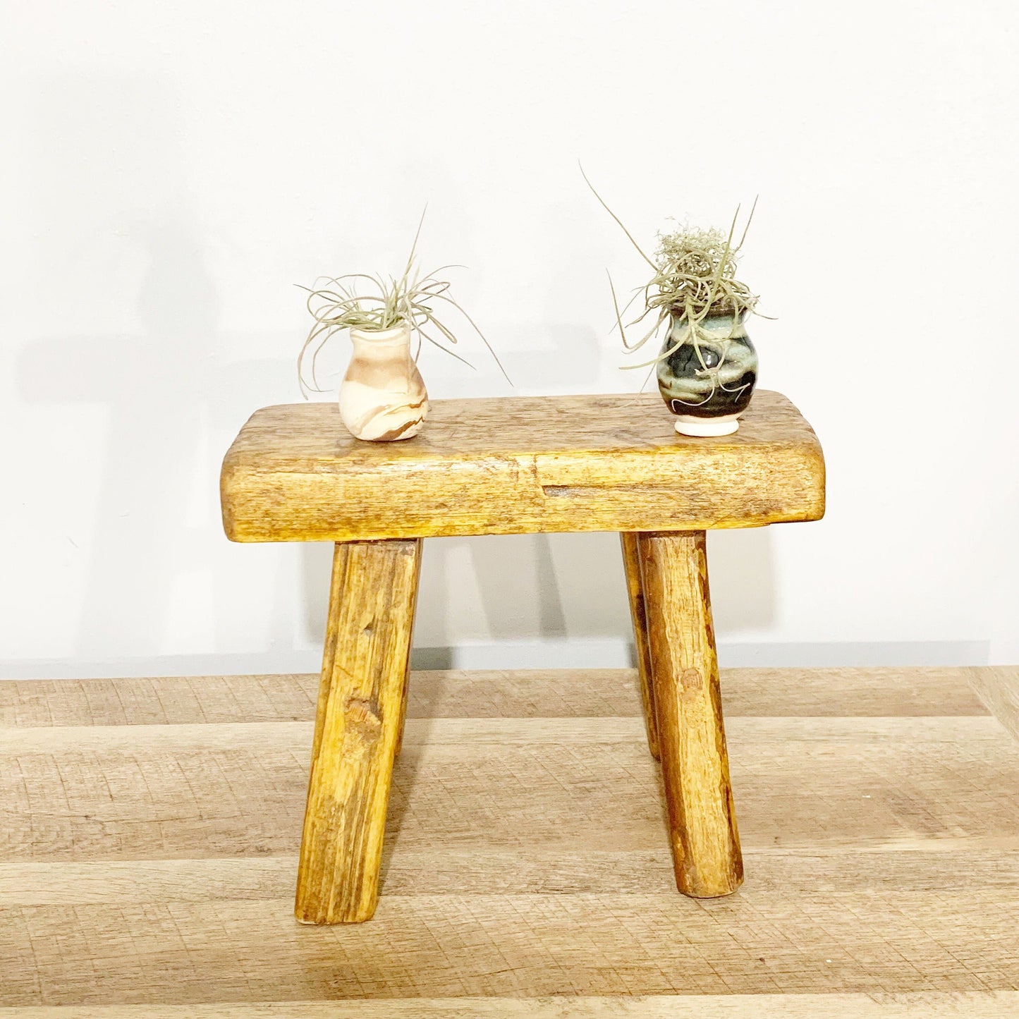 Vintage Rustic Wooden Stool | Primitive Farmhouse Wood Peg Joint Stool