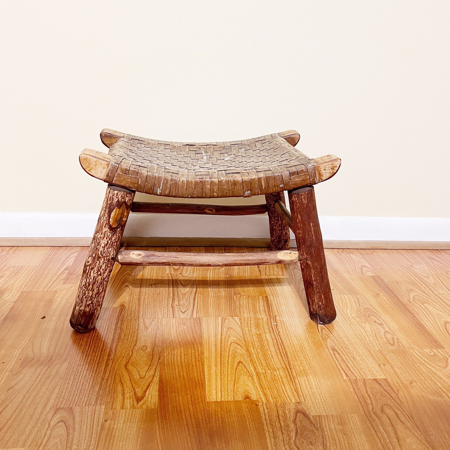 Vintage Columbus Hickory Chair Co. Foot Stool | Vintage Hickory Style Footstool with Woven Seat | Columbus Indiana Furniture